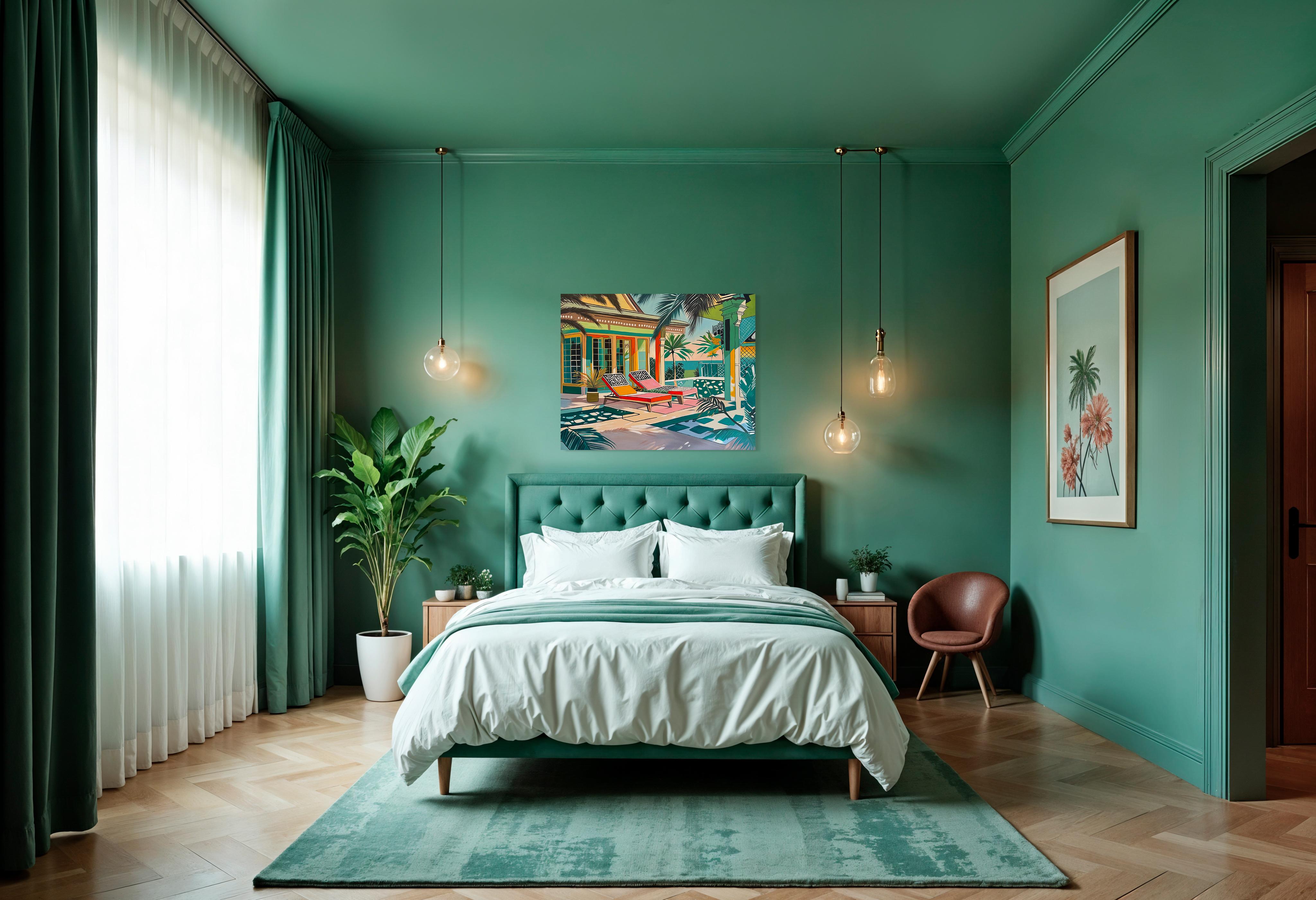 Where light lingers longest - Contemporary Architecture pool House Oil Painting For Sale 12