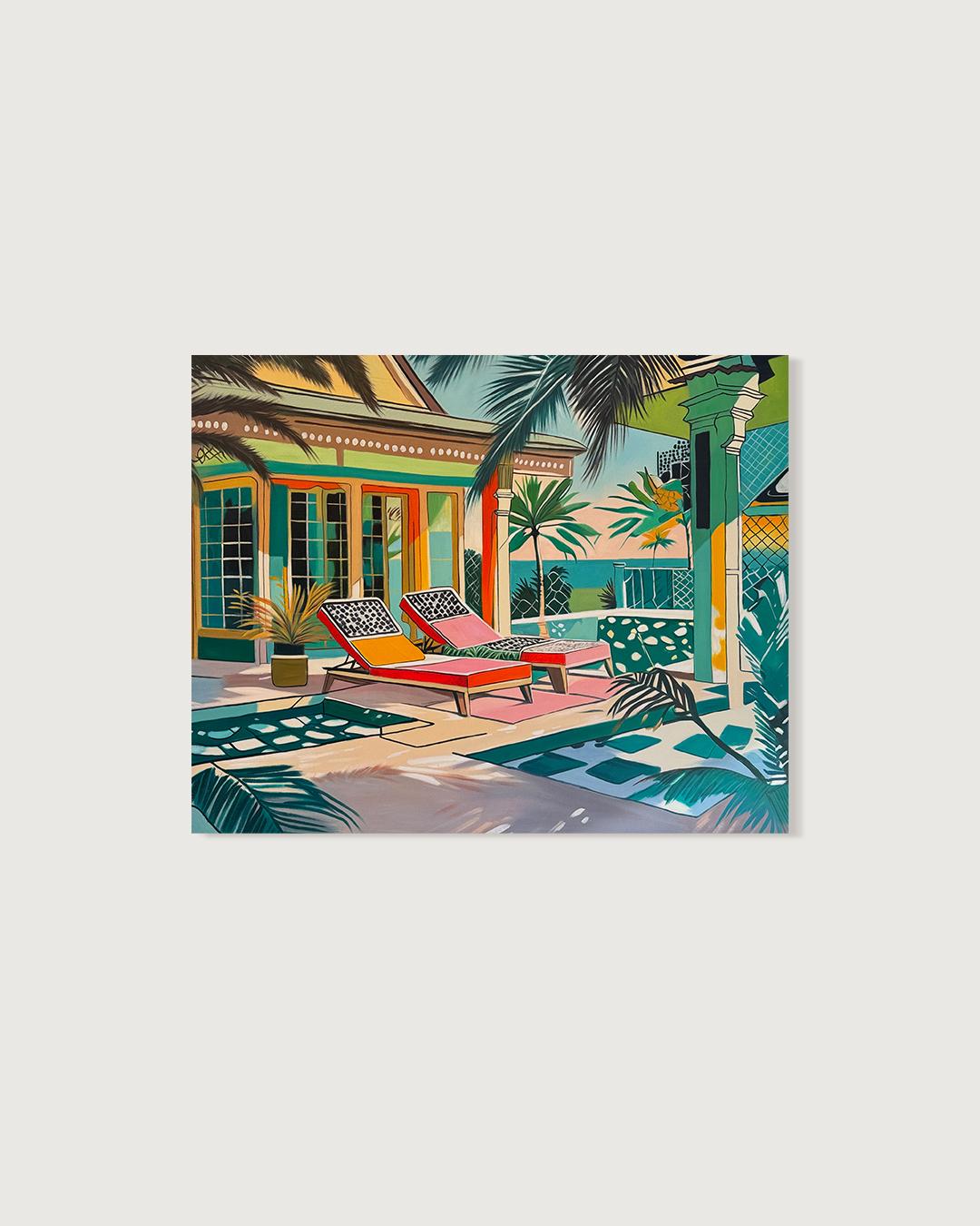 Where light lingers longest - Contemporary Architecture pool House Oil Painting For Sale 1