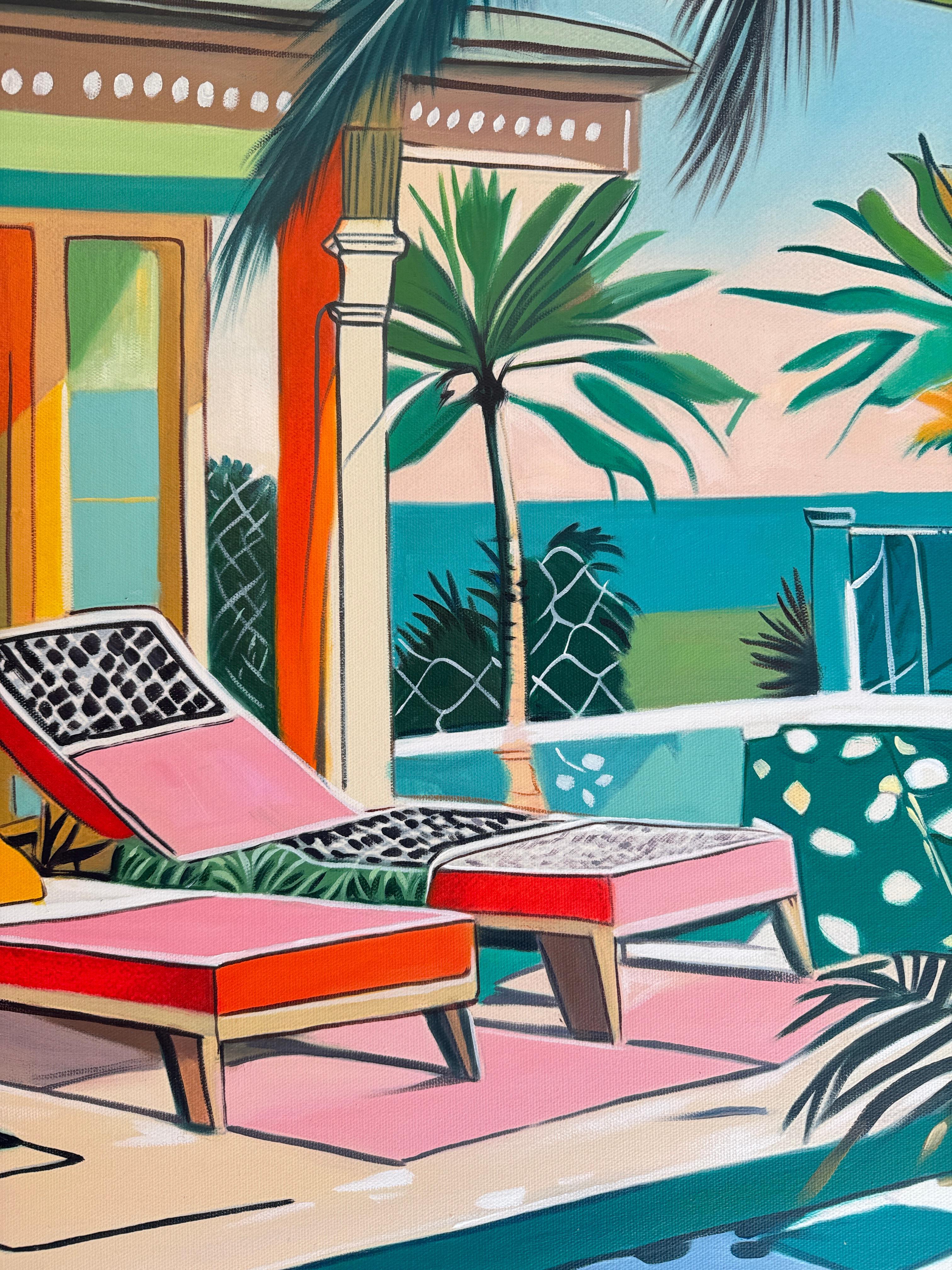 Where light lingers longest - Contemporary Architecture pool House Oil Painting For Sale 2