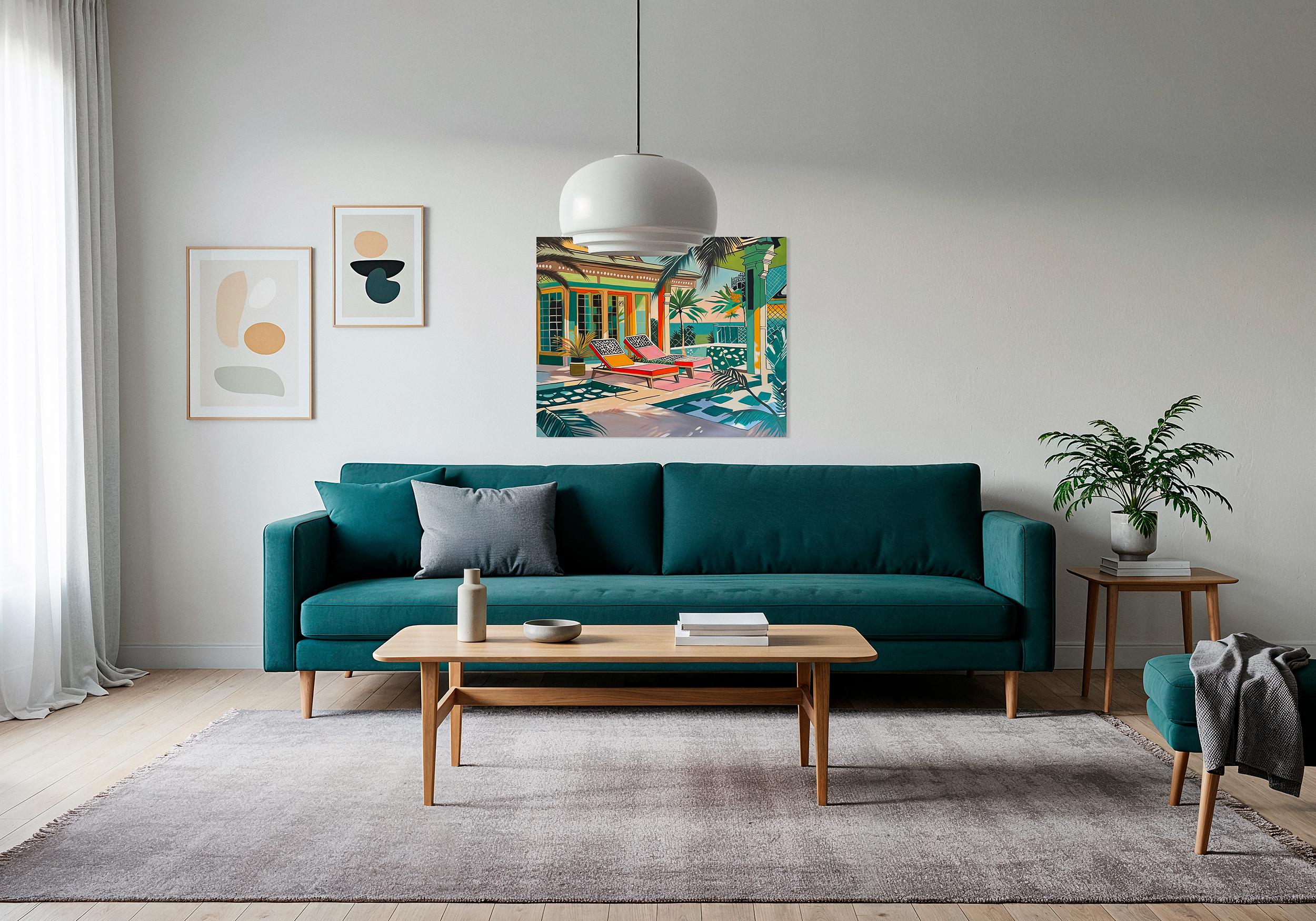 Where light lingers longest - Contemporary Architecture pool House Oil Painting For Sale 3