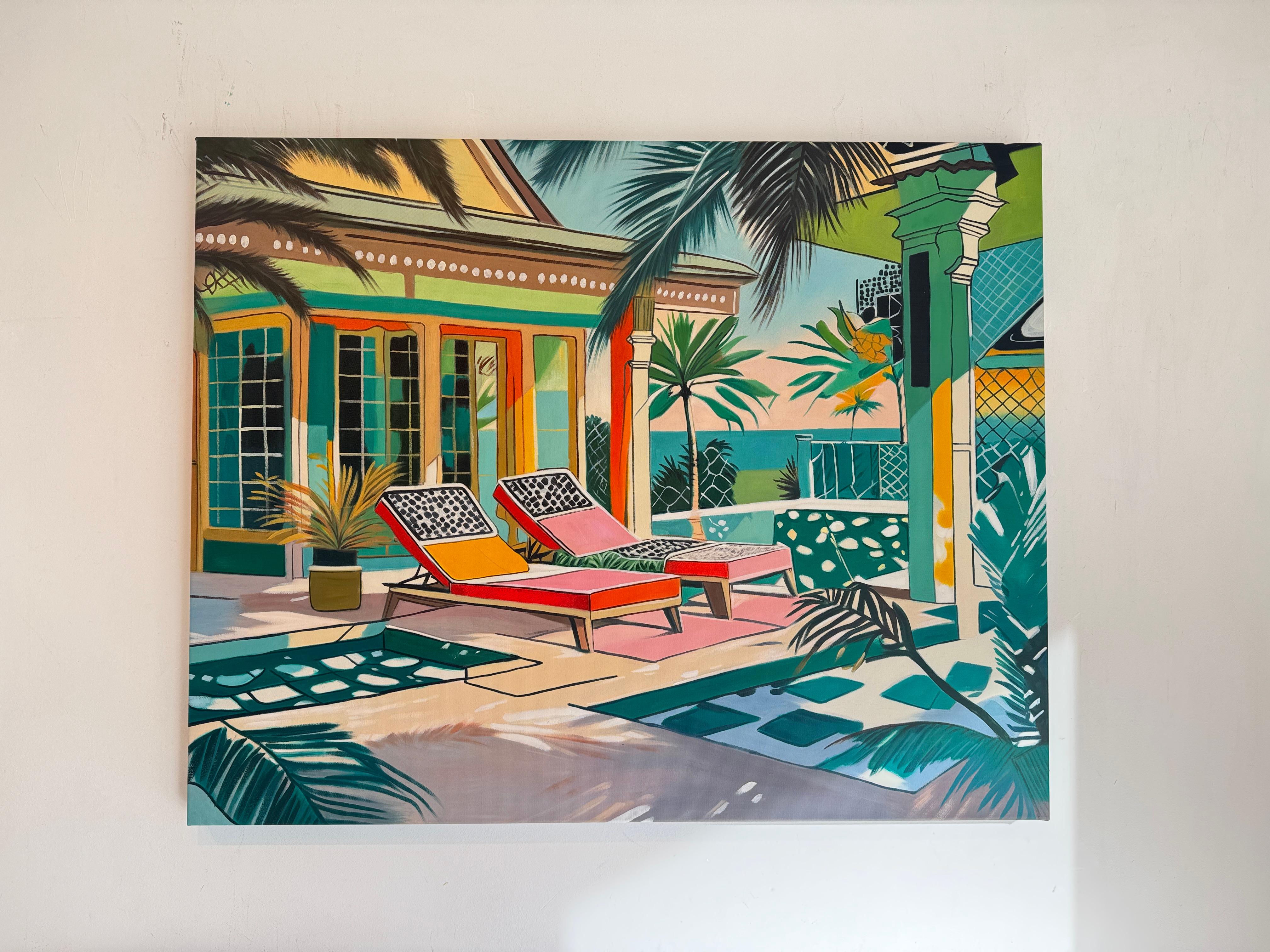 Where light lingers longest - Contemporary Architecture pool House Oil Painting For Sale 4