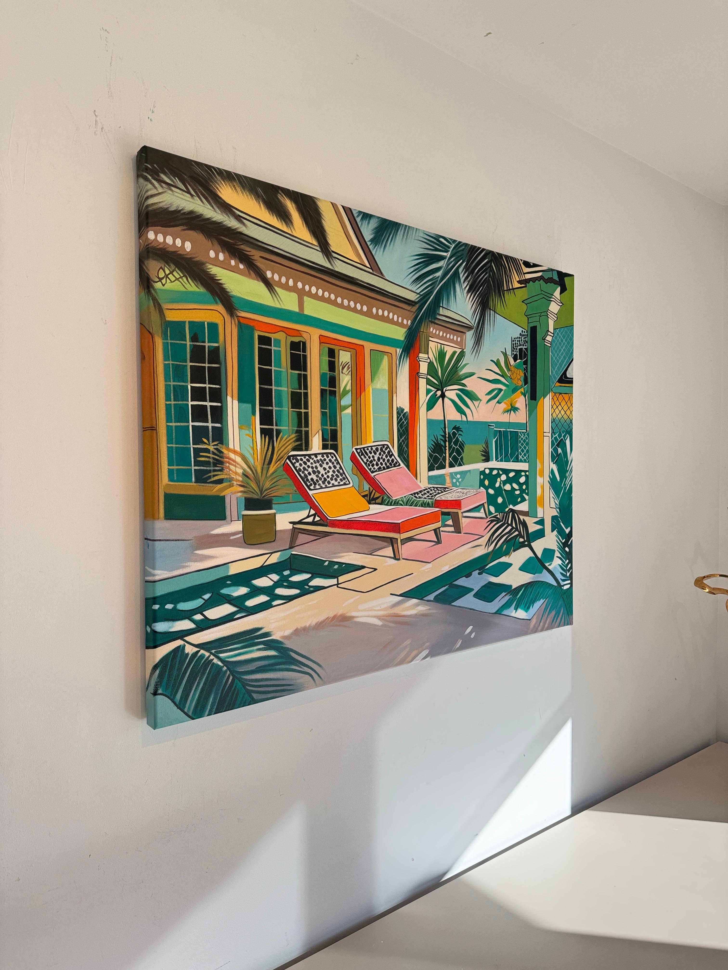 Where light lingers longest - Contemporary Architecture pool House Oil Painting For Sale 5