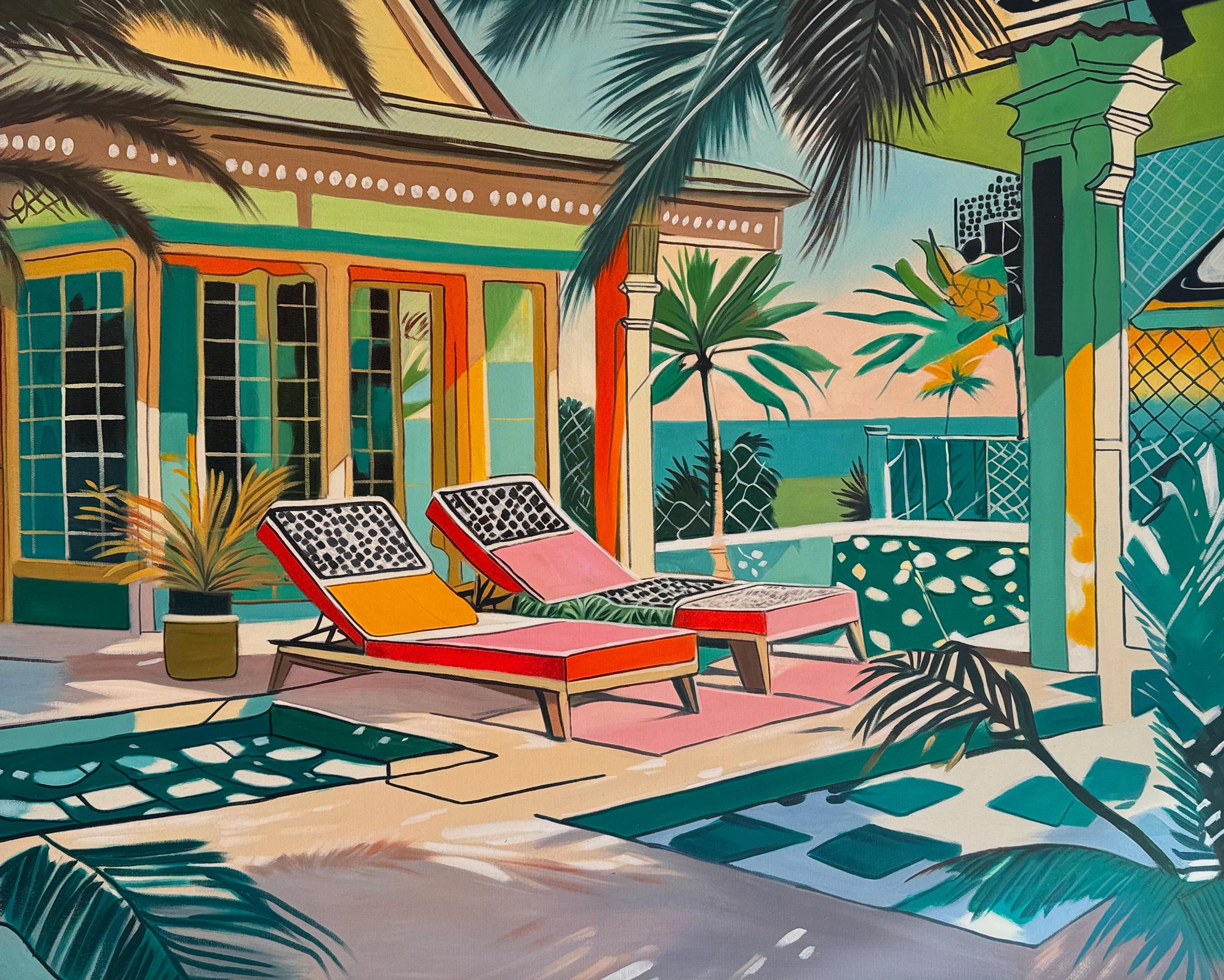 Where light lingers longest - Contemporary Architecture pool House Oil Painting For Sale 6