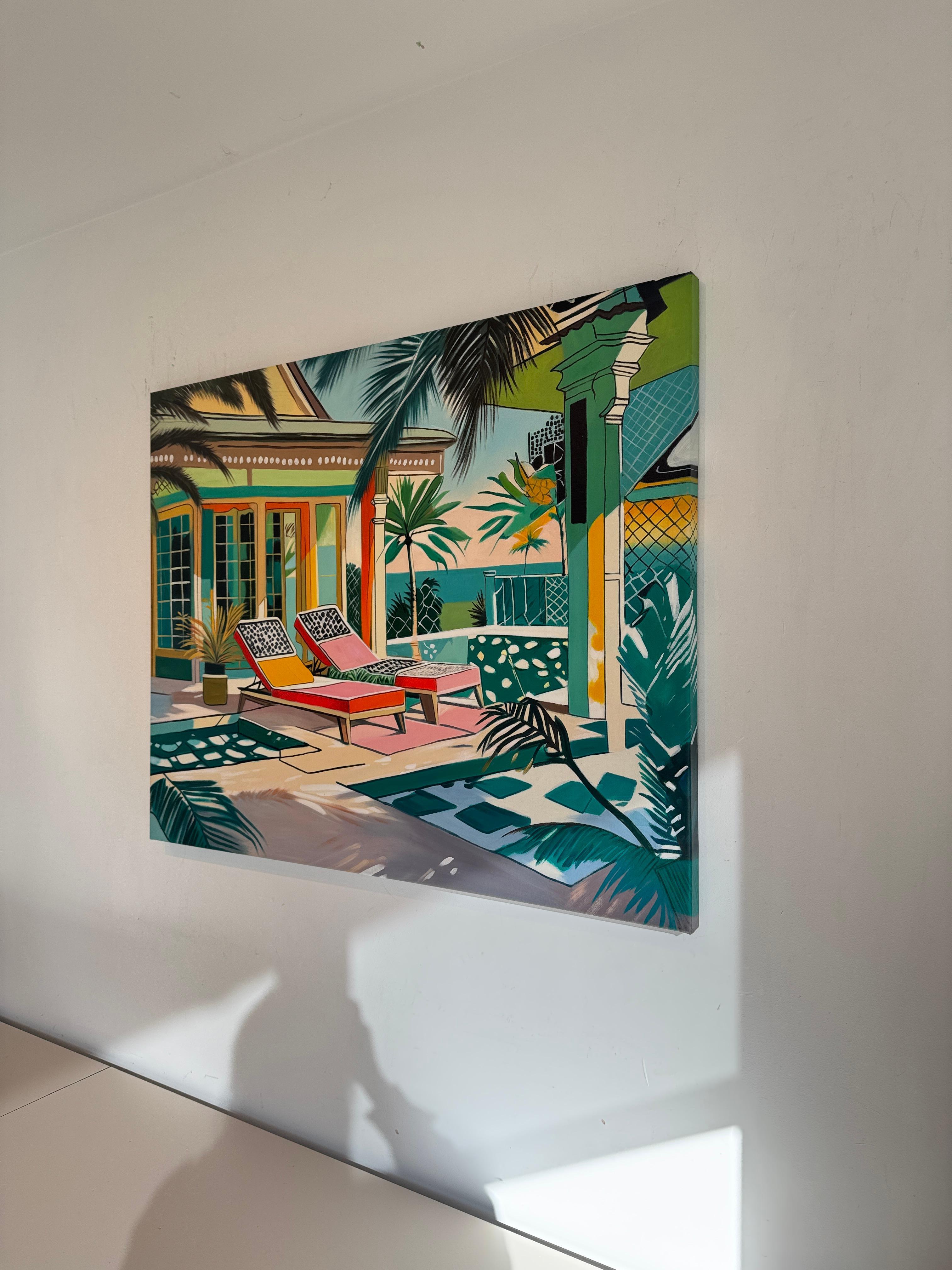 Where light lingers longest - Contemporary Architecture pool House Oil Painting For Sale 7