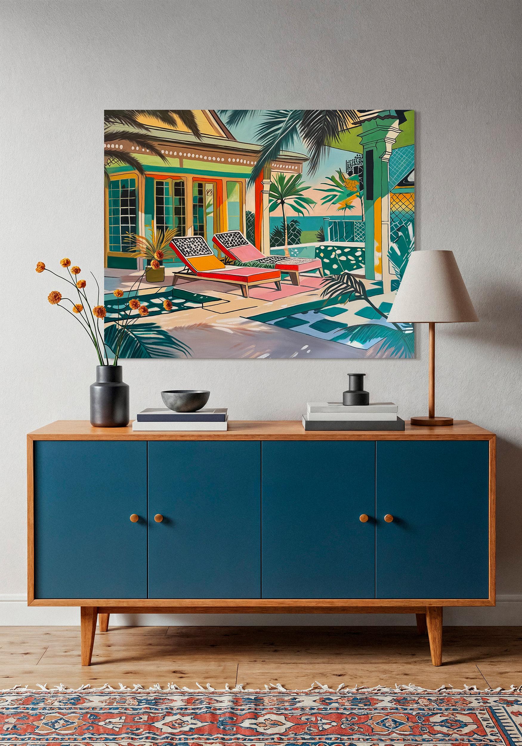 Where light lingers longest - Contemporary Architecture pool House Oil Painting For Sale 8