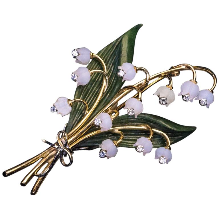 Lilly of the Valley Jade Rock Crystal Diamond Gold Vintage Brooch