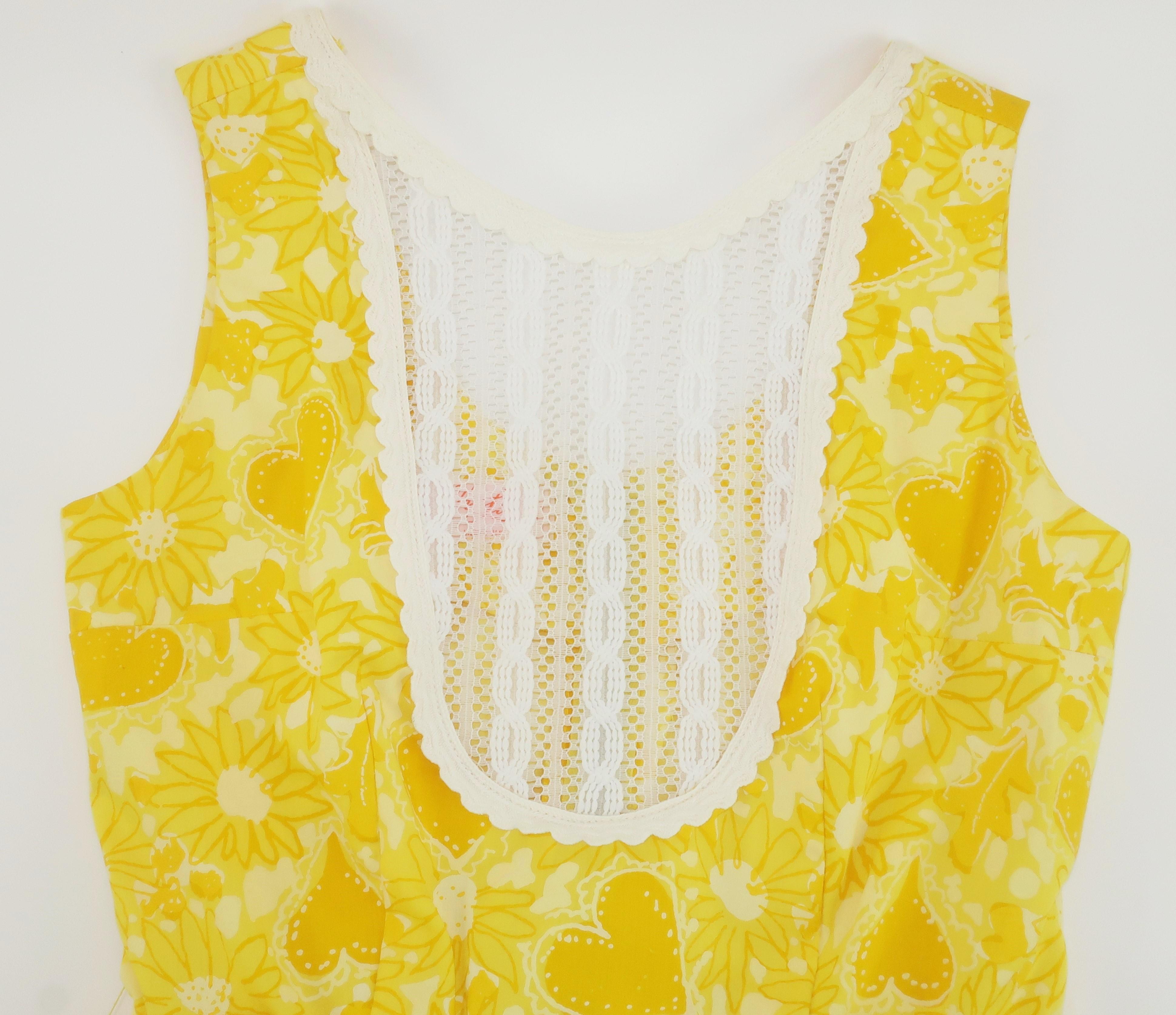 Lilly Pulitizer Yellow Daisy & Heart Print Cotton Dress, 1960's 6