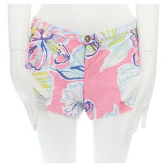 LILLY PULITZER 100% cotton white neon pink tropical floral print shorts US00 XXS