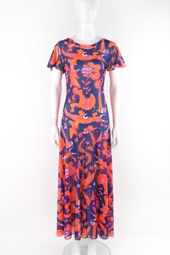 LILLY PULITZER c.1970s Blue Orange Abstract Print Drop Waist Plunge Back Dress