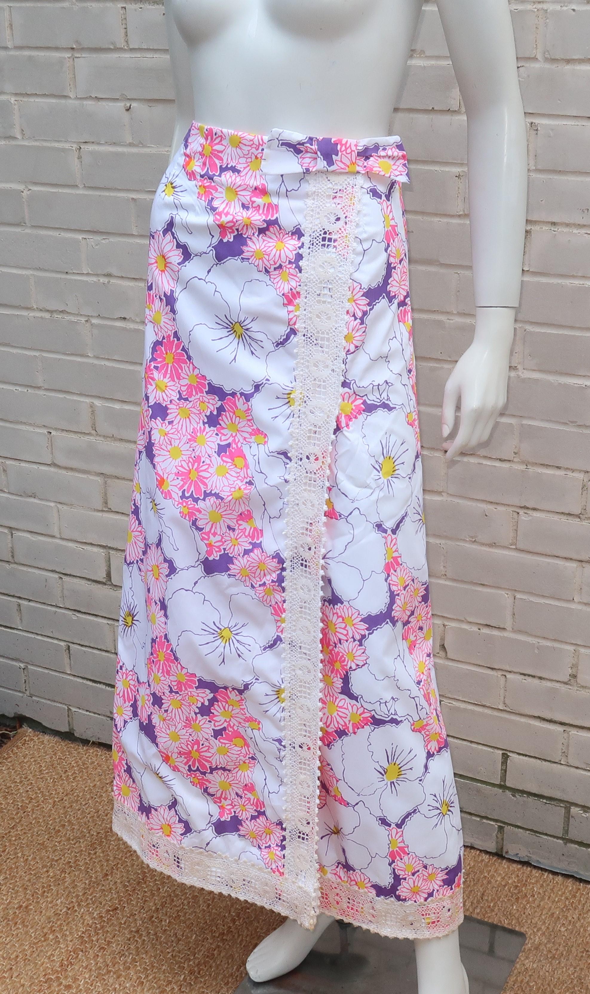 Lilly Pulitzer Hot Pink Floral Maxi Skirt, 1960's In Good Condition In Atlanta, GA
