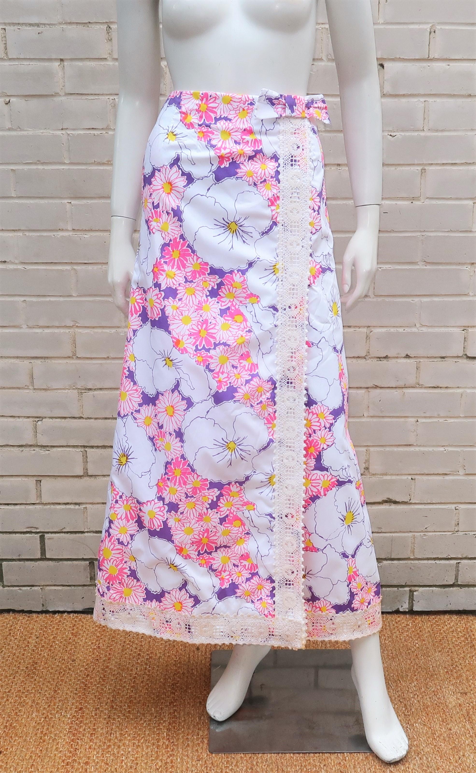 Lilly Pulitzer Hot Pink Floral Maxi Skirt, 1960's 1