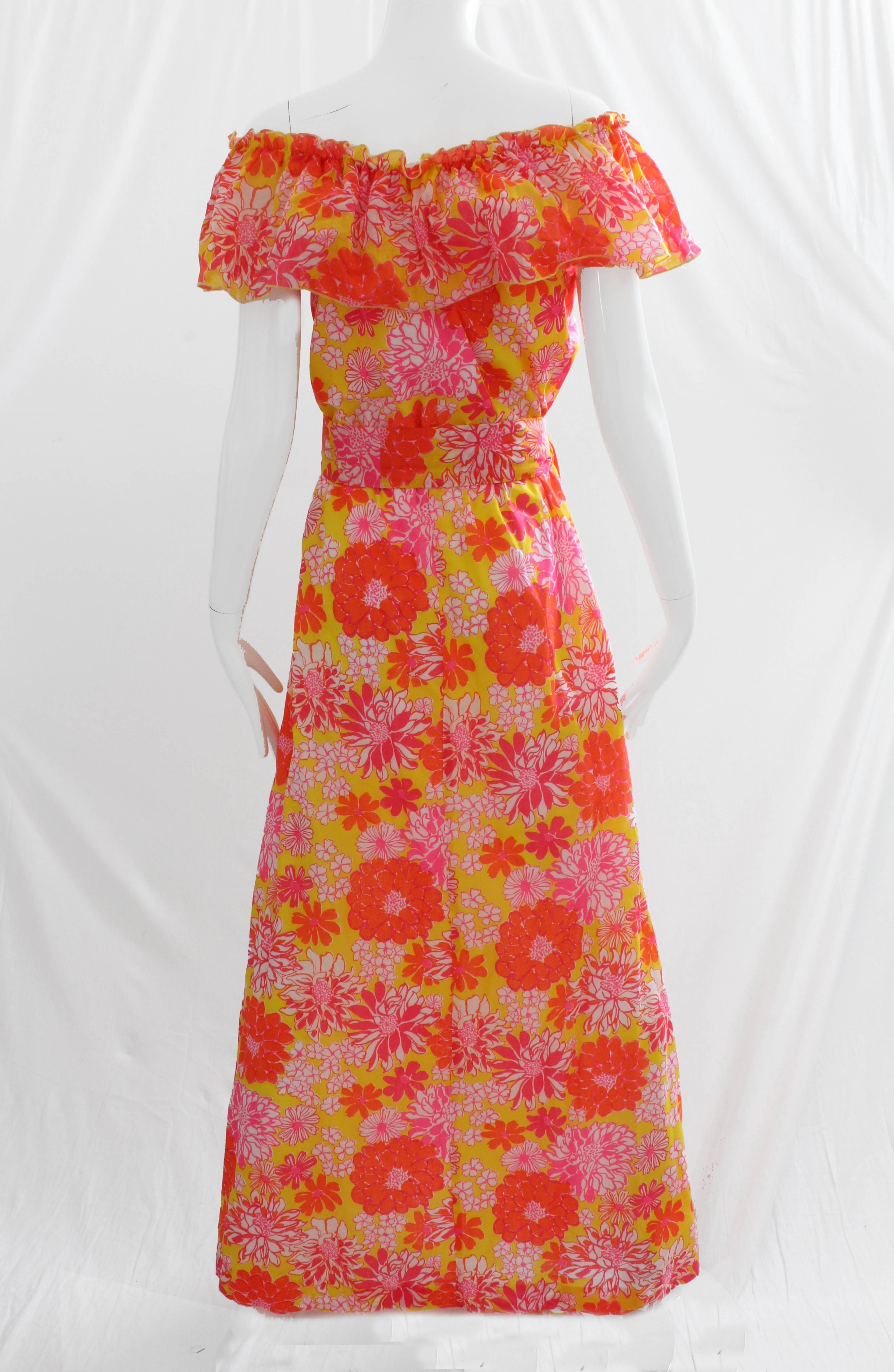 Orange Lilly Pulitzer Floral Maxi Dress with Off Shoulder Ruffle Trim and Sash, 1970s