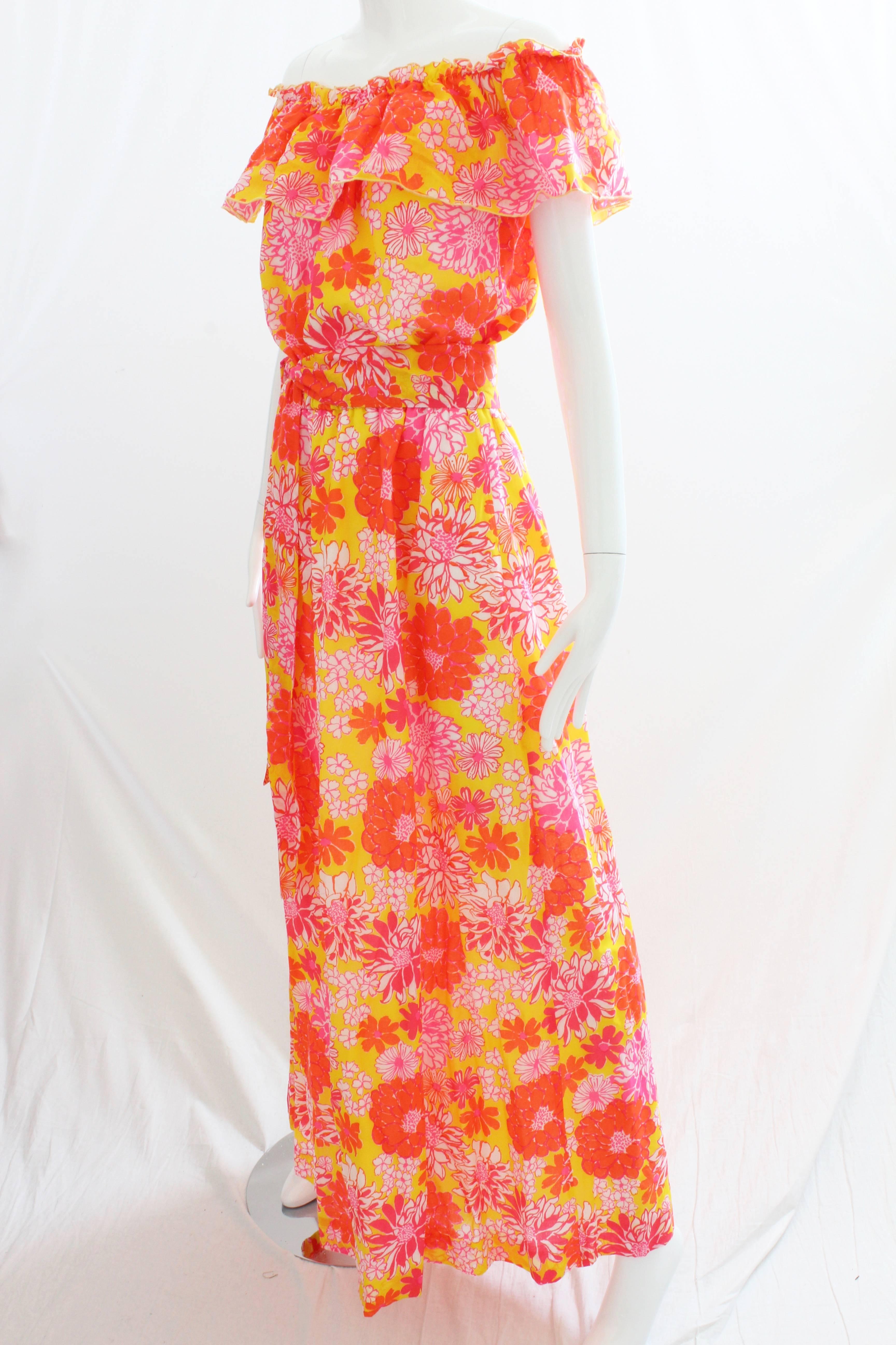 Lilly Pulitzer Floral Maxi Dress with Off Shoulder Ruffle Trim and Sash, 1970s In Excellent Condition In Port Saint Lucie, FL