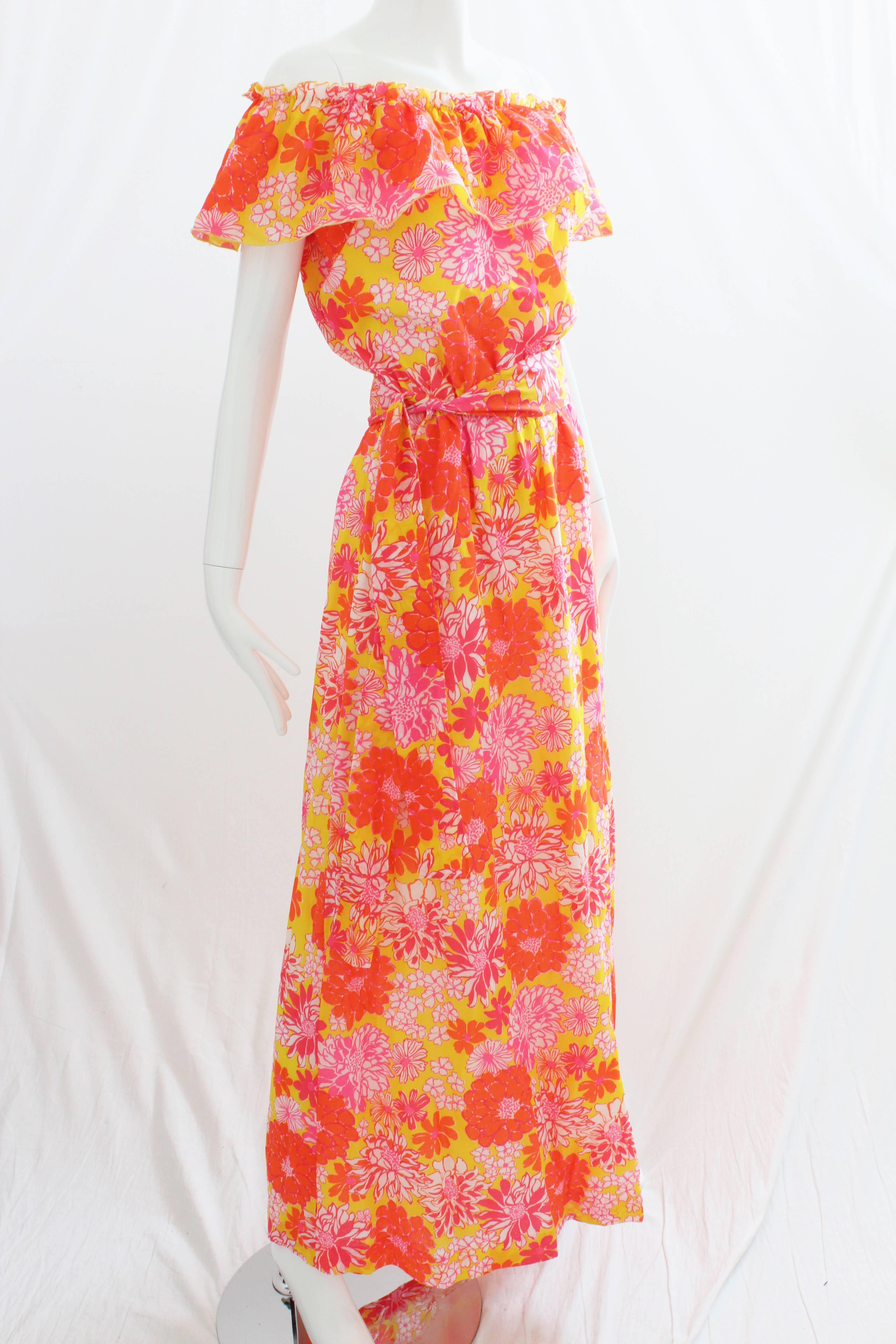 Women's Lilly Pulitzer Floral Maxi Dress with Off Shoulder Ruffle Trim and Sash, 1970s