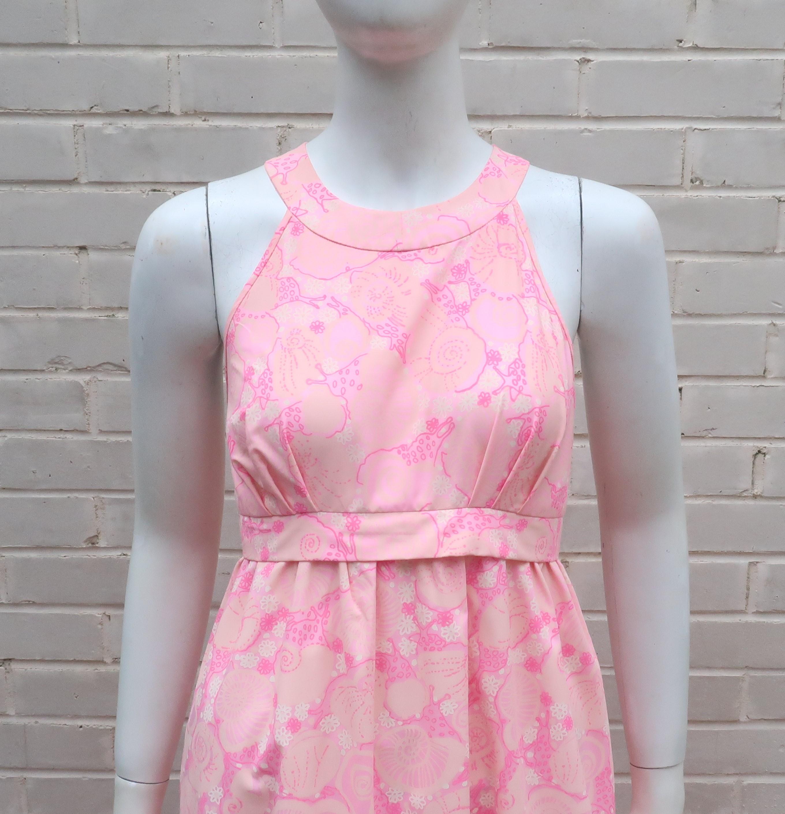 Lilly Pulitzer Pink Snail Print Halter Maxi Dress, 1960's at 1stDibs