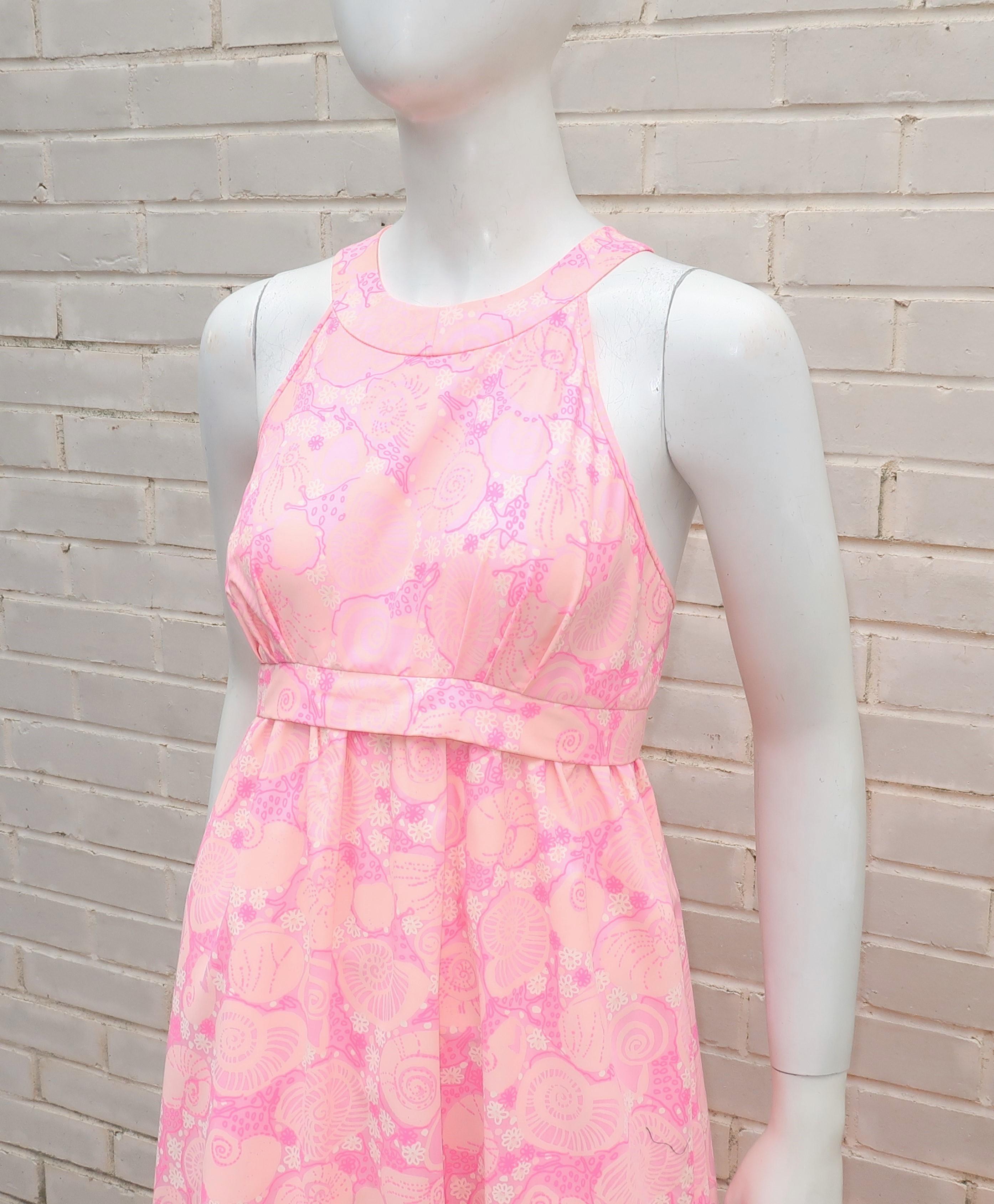 Lilly Pulitzer Pink Snail Print Halter Maxi Dress, 1960's In Good Condition In Atlanta, GA