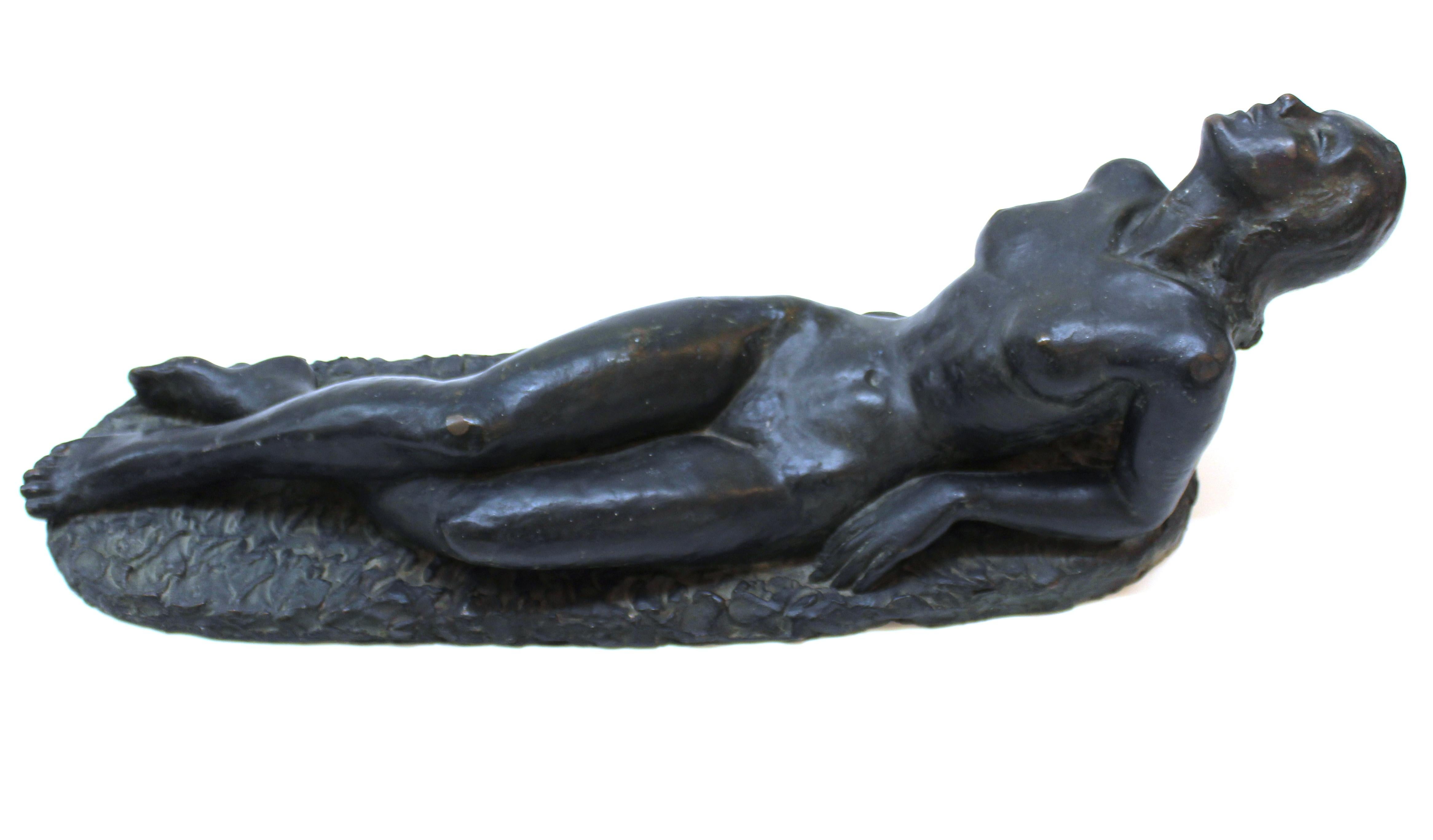 Mid-20th Century Lilly Rona Art Deco Reclining Nude Woman Sculpture in Bronze Patinated Plaster