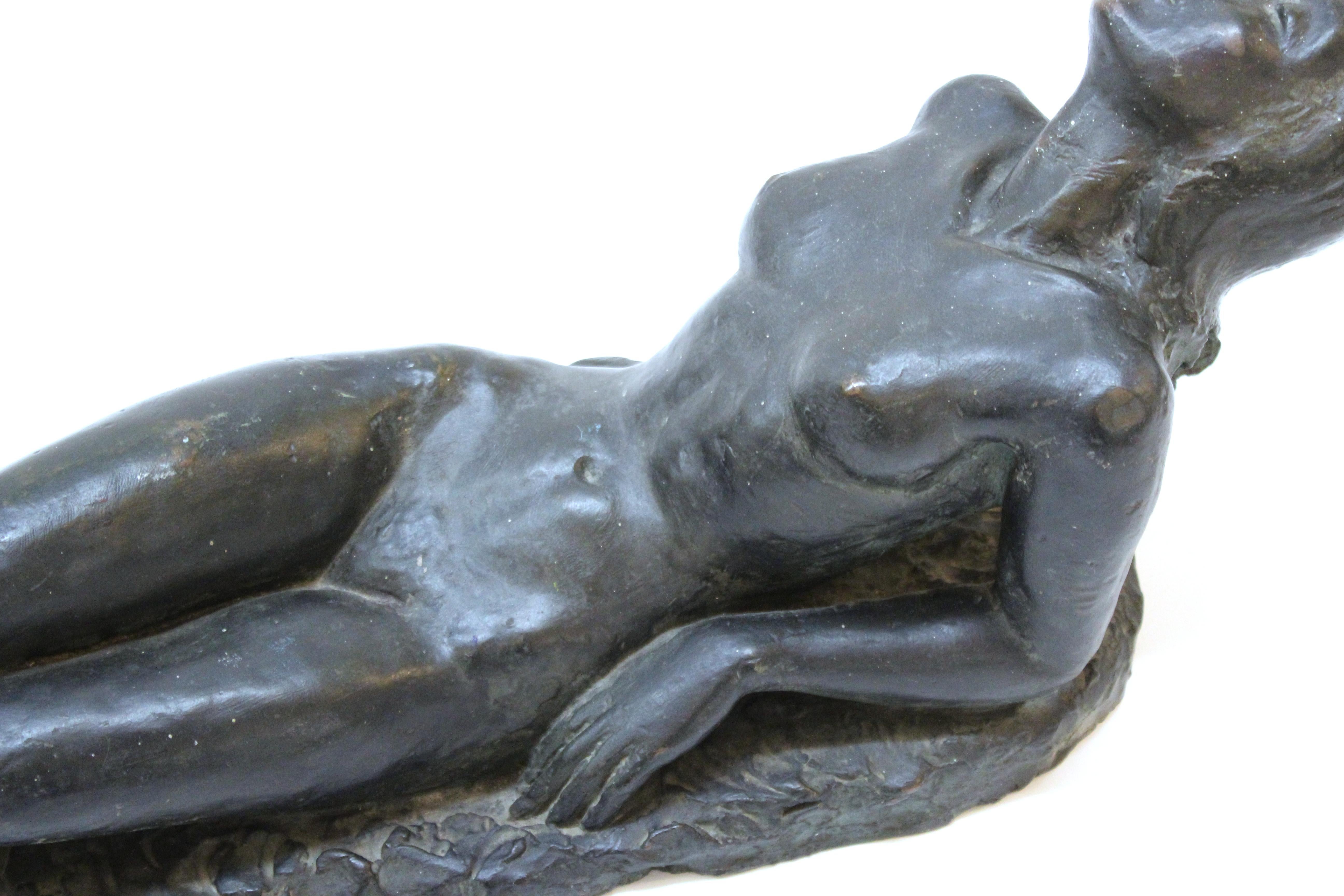 Clay Lilly Rona Art Deco Reclining Nude Woman Sculpture in Bronze Patinated Plaster