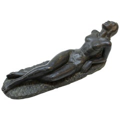 Lilly Rona Art Deco Reclining Nude Woman Sculpture in Bronze Patinated Plaster