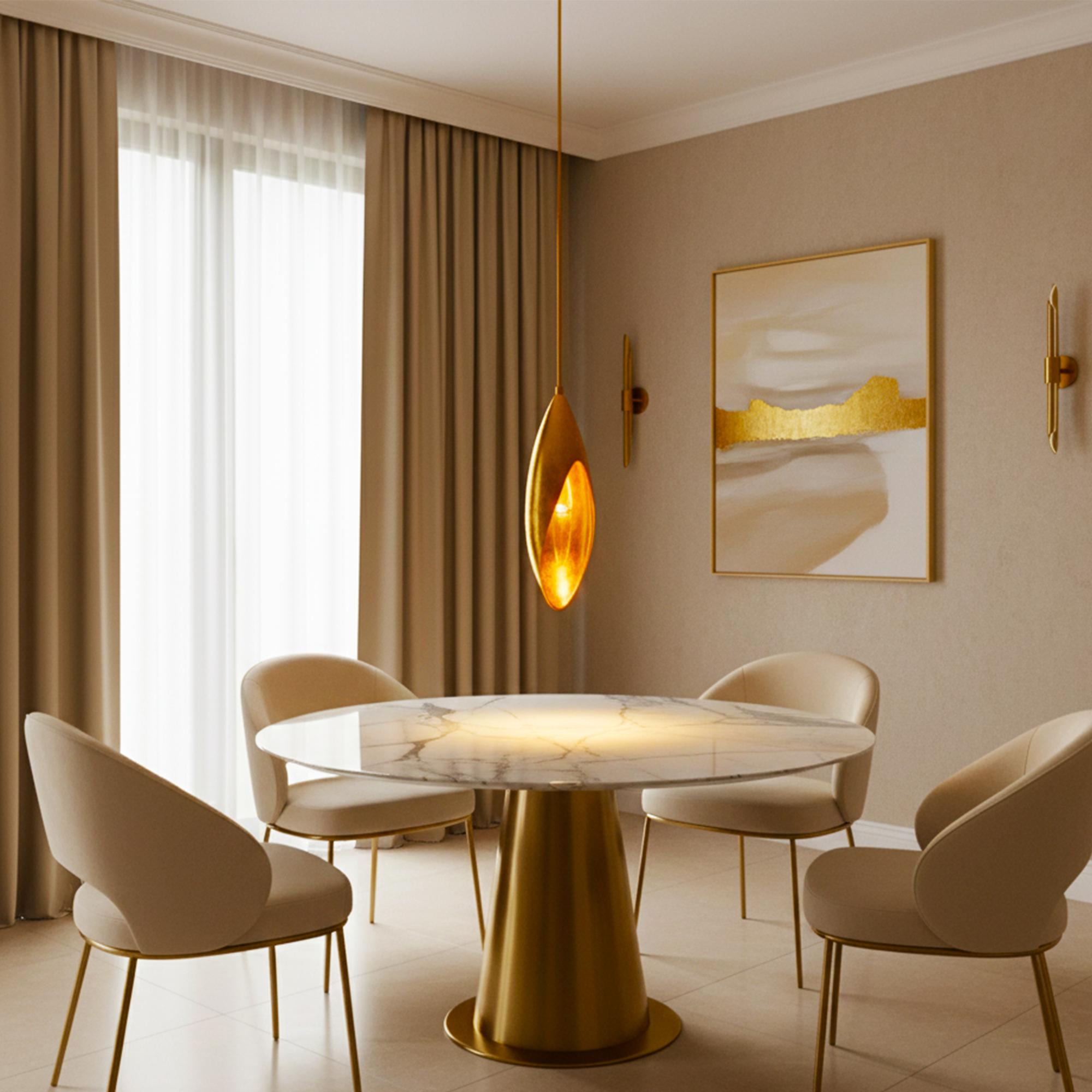 The Lilly Pendant Light combina la belleza de la naturaleza con la elegancia minimalista, capturando a la perfección la esencia de una flor de lis. Fabricada en latón texturizado y cristal, esta lámpara colgante crea un efecto visual hipnotizador,