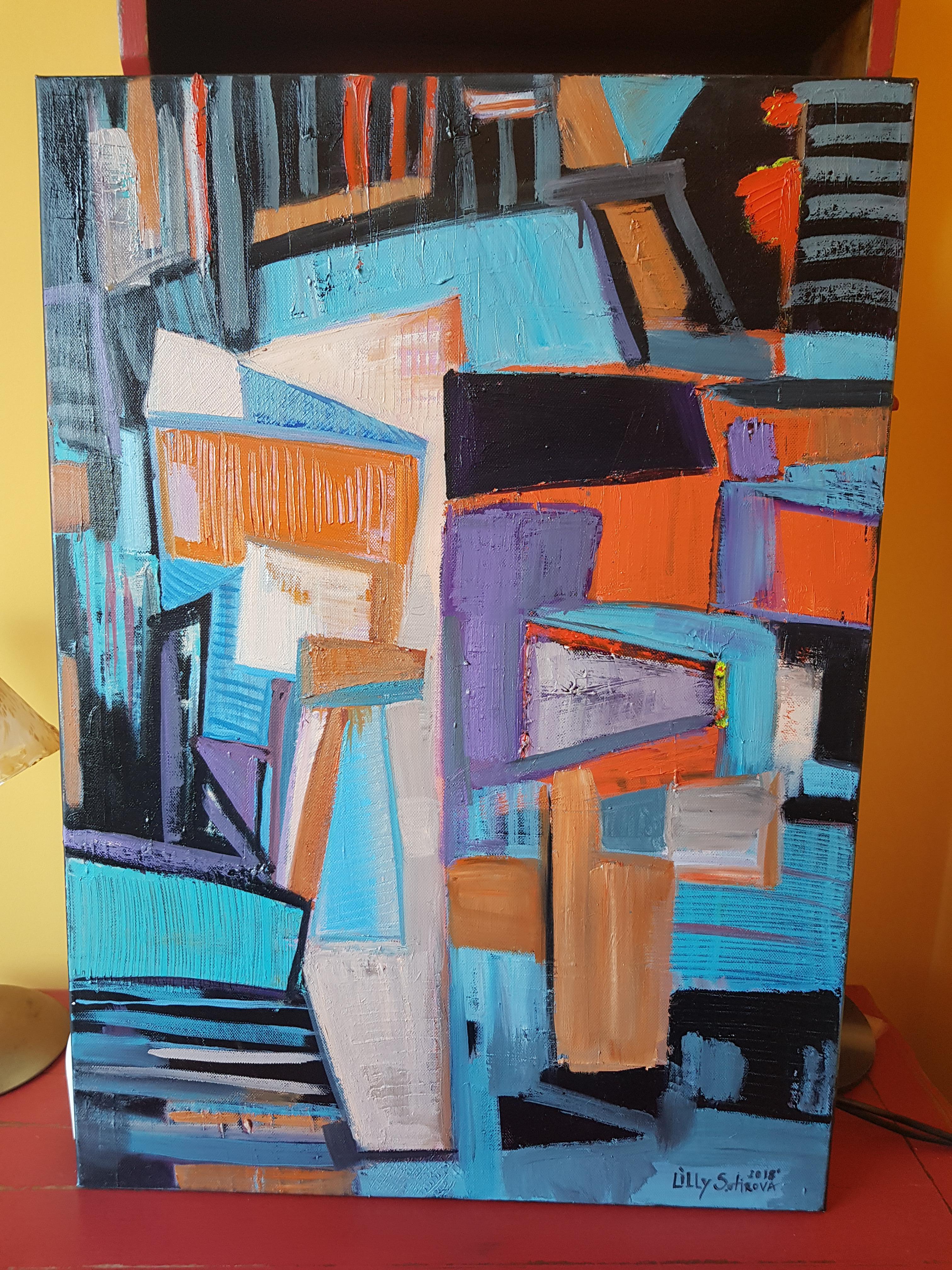 Abstraktes lgemlde A Way in Fliedergelb, Orange, Blau und Wei – Painting von Lilly Sotirova