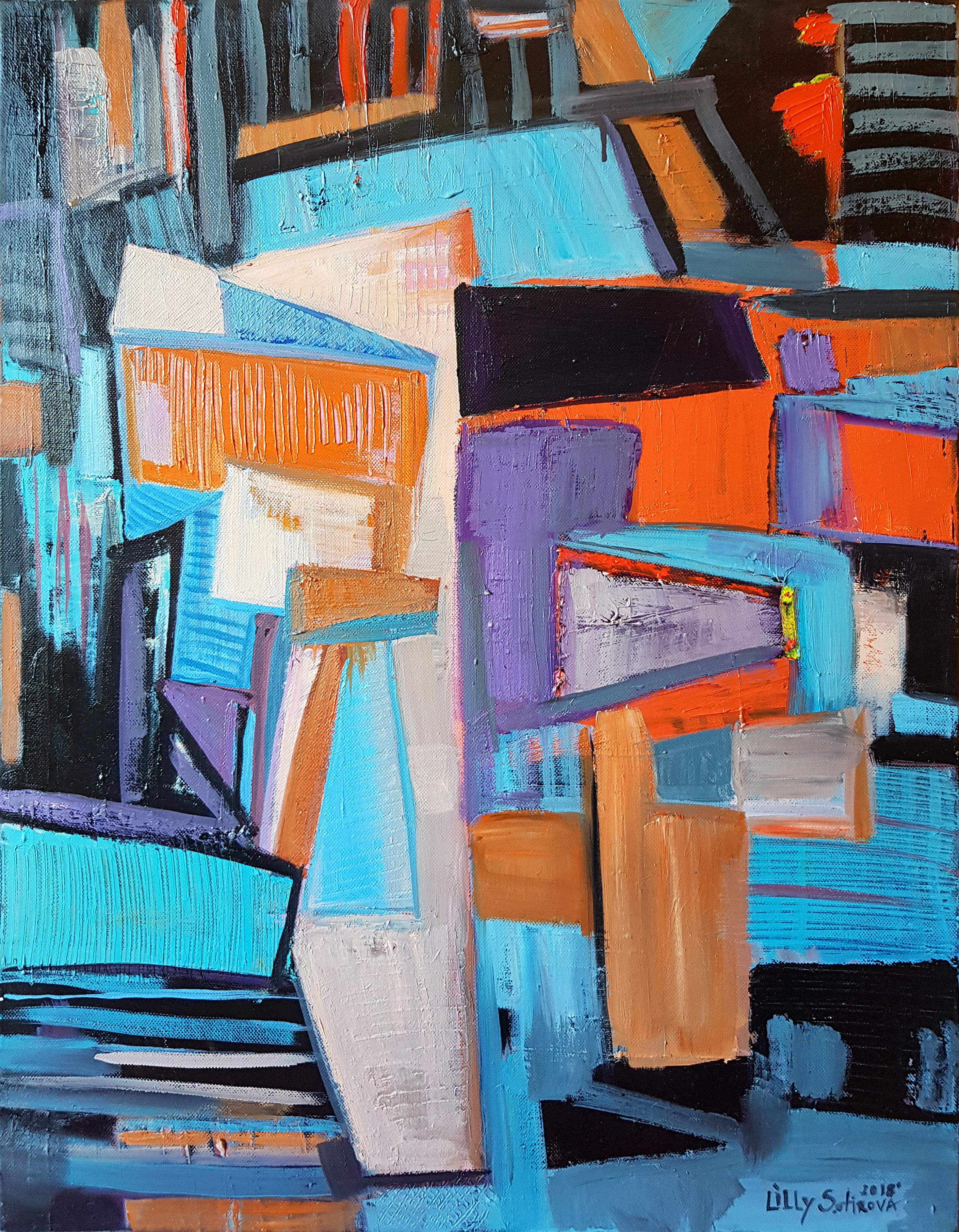 Lilly Sotirova Abstract Painting – Abstraktes lgemlde A Way in Fliedergelb, Orange, Blau und Wei
