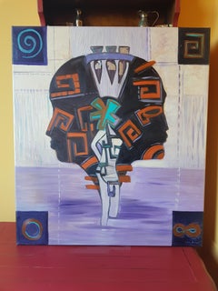 Kulturerbe – Abstraktes Ölgemälde in Flieder, Orange, Blau, Braun und Weiß