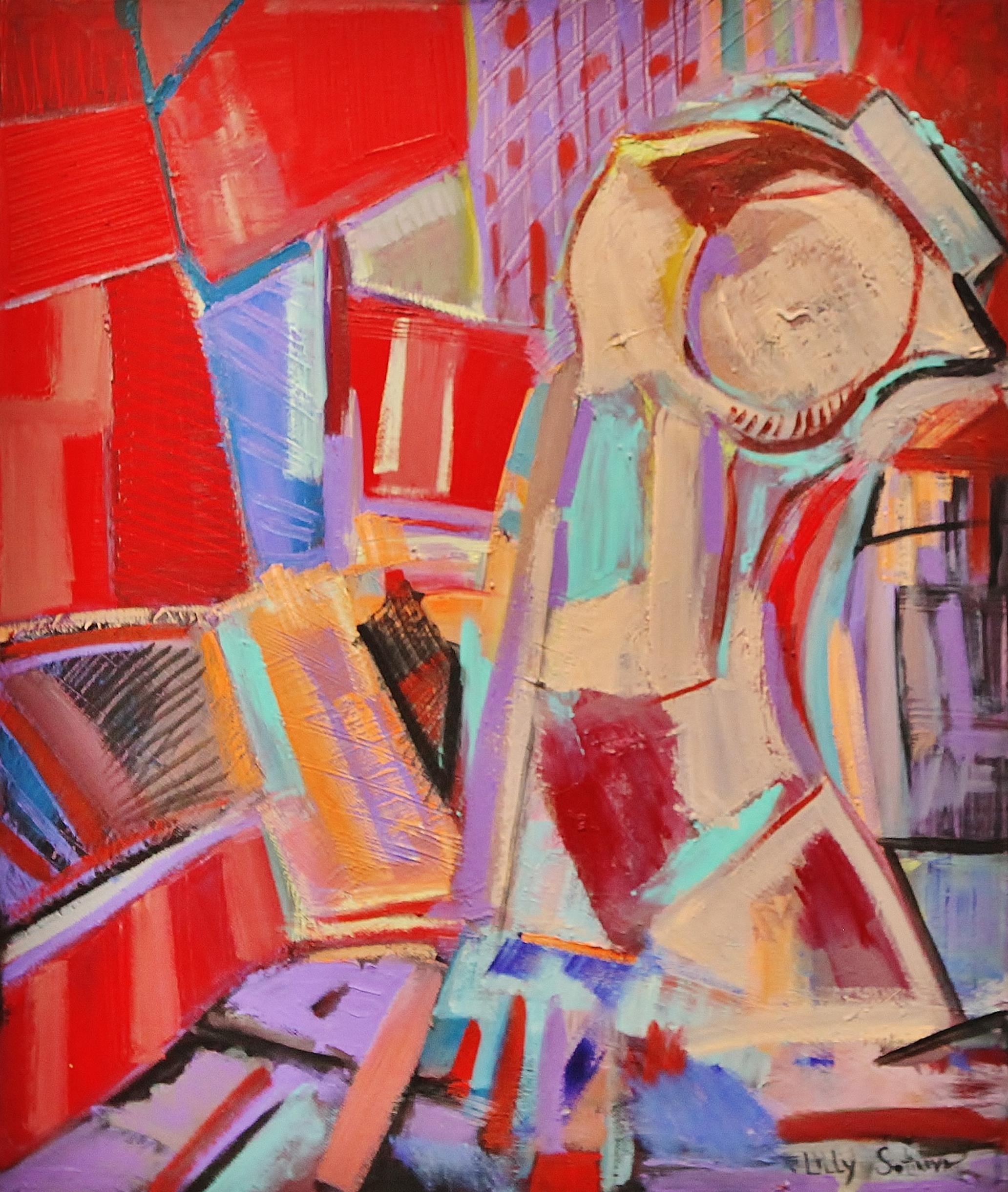 Lilly Sotirova Abstract Painting – Essence – Abstraktes Ölgemälde in Rot, Gelb, Orange, Blau, Braun, Beige, Weiß und Grau