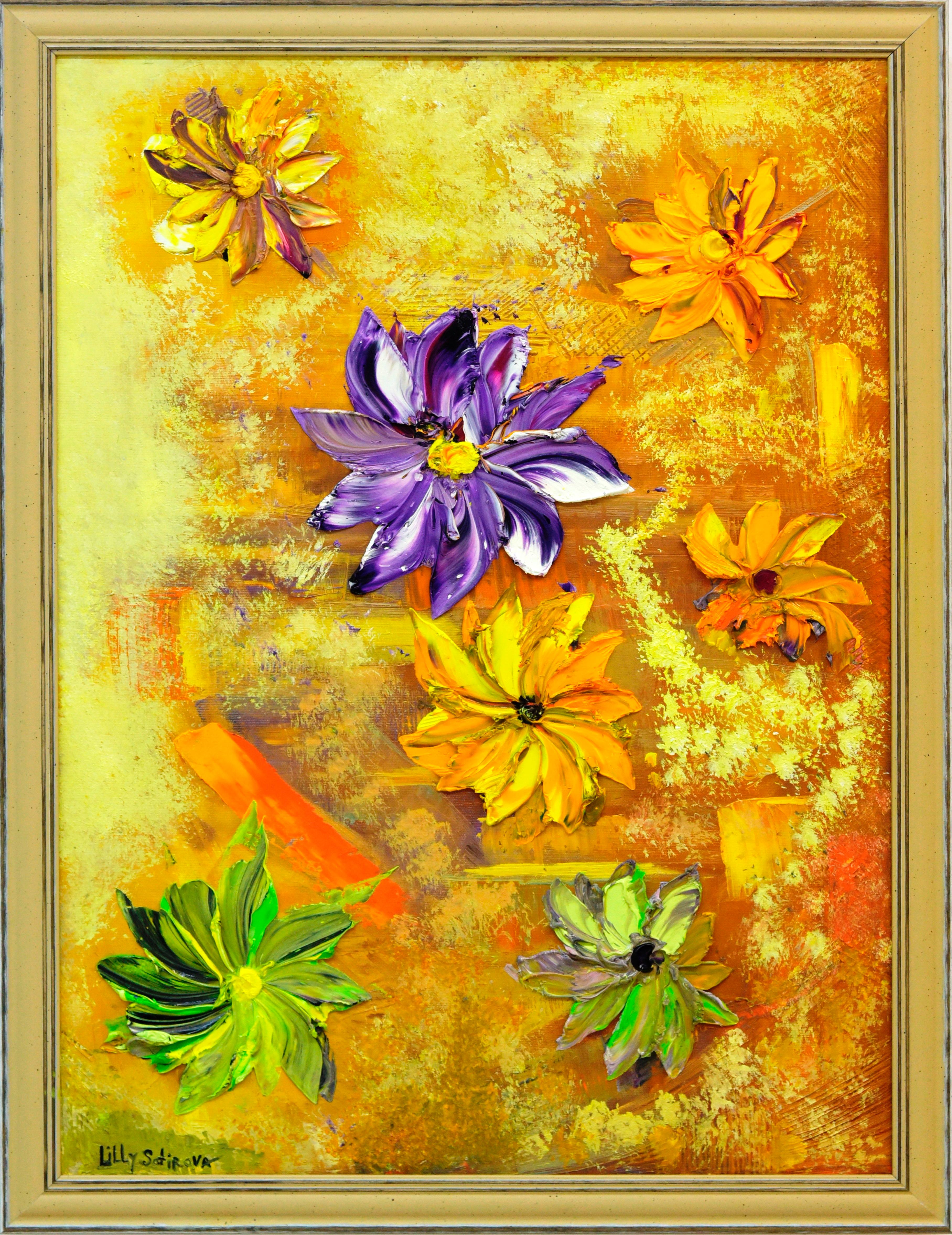 Still-Life Painting di Lilly Sotirova - Fiori sul sole - Pittura ad olio astratta Giallo Arancione Beige Bianco Lilla