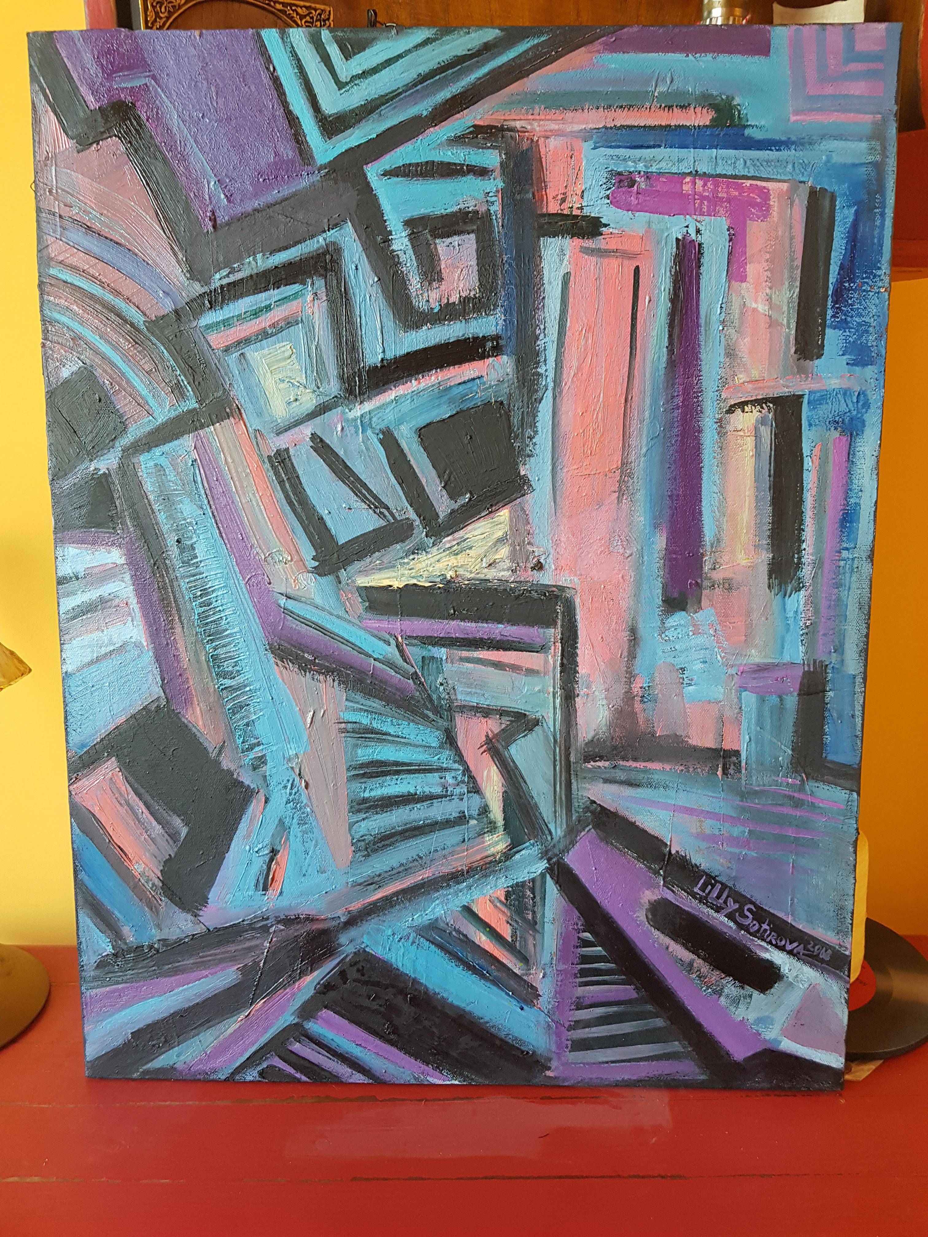 In Between - Abstraktes Ölgemälde Flieder Schwarz Rosa Blau Braun Weiß – Painting von Lilly Sotirova