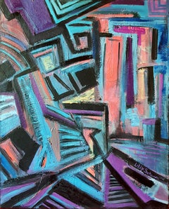 In Between - Abstract Oil Painting Lilac Black Pink Blue Brown White