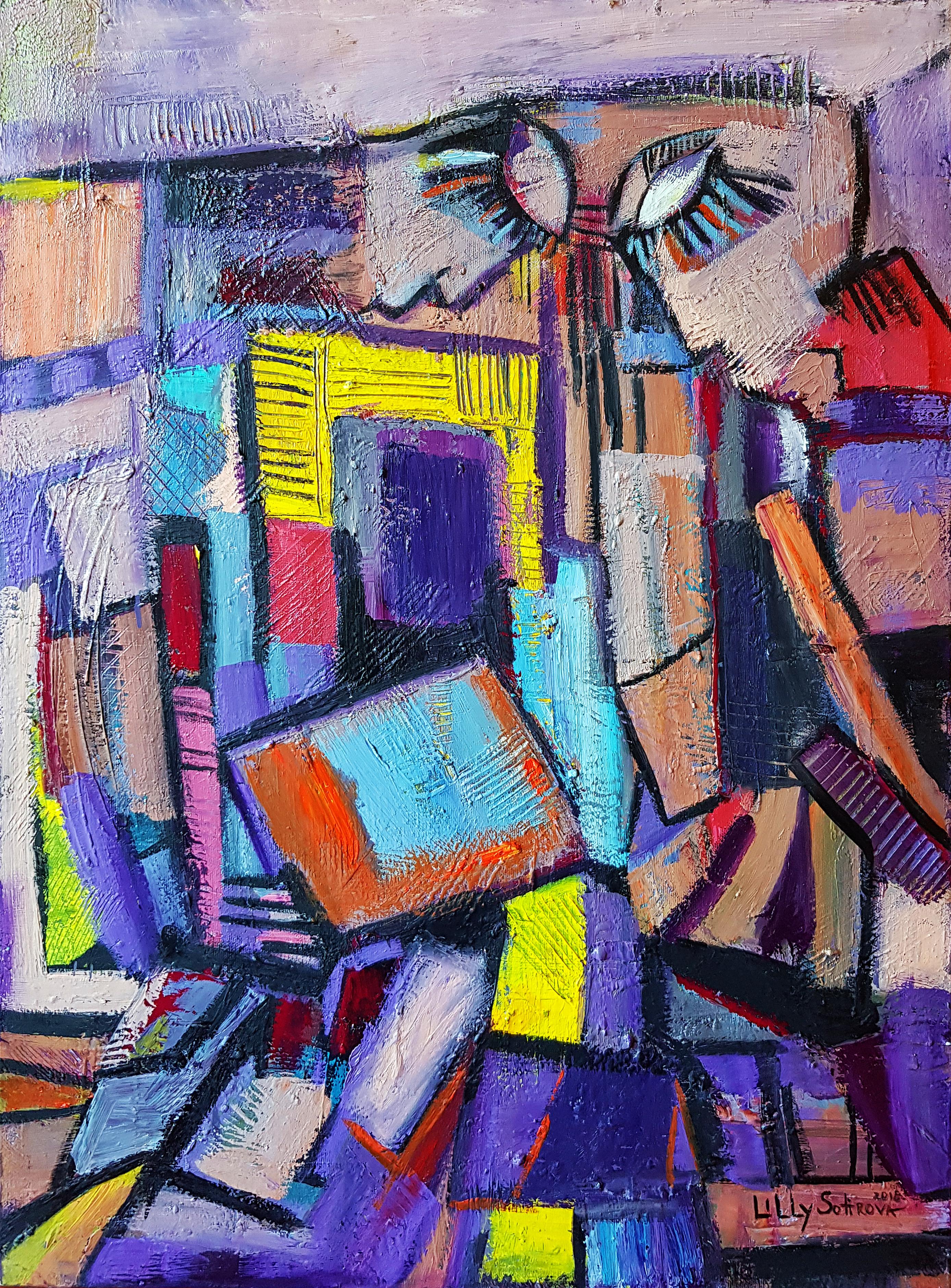 Lilly Sotirova Abstract Painting – Abstraktes Ölgemälde „Lebensphasen“ in Rot, Gelb, Orange, Blau und Weiß