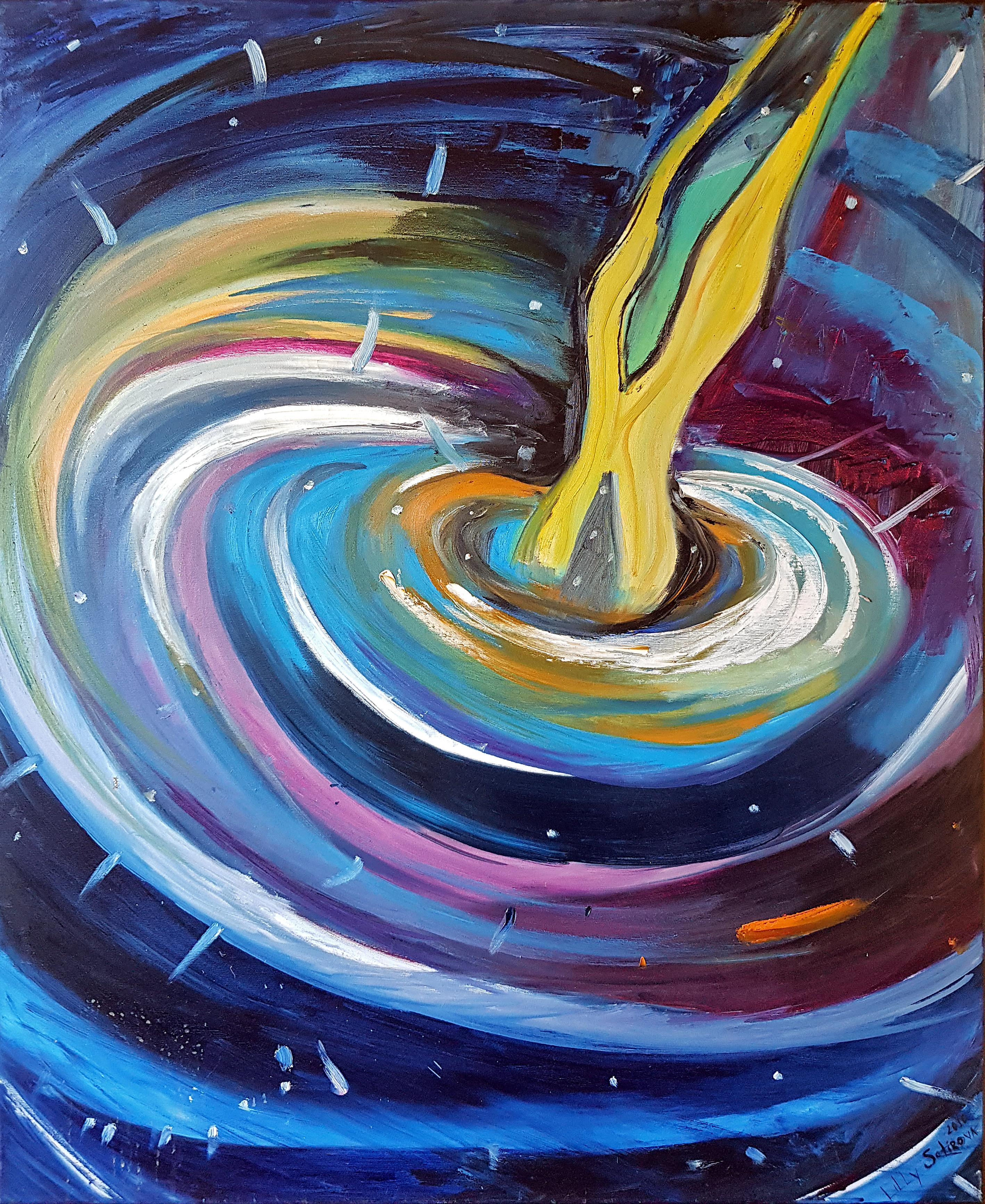 Lilly Sotirova Abstract Painting – Mutter zu Hause – Abstraktes Ölgemälde in Rot, Gelb, Blau, Braun und Weiß