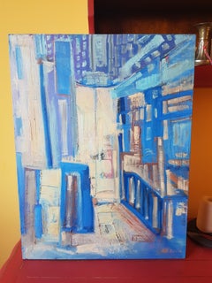 Abstraktes Ölgemälde in Beige, Grau, Blau, Braun und Weiß