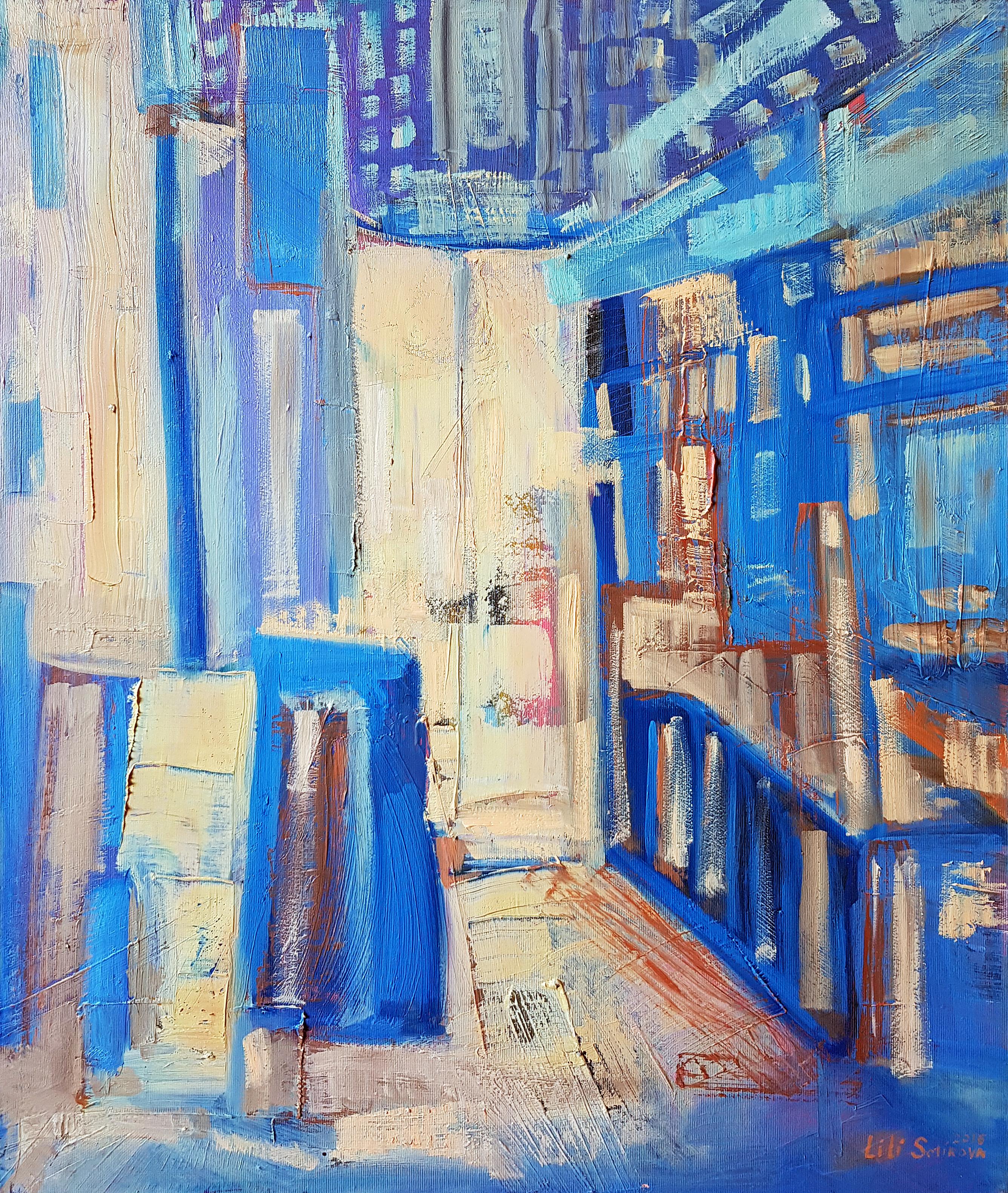 Lilly Sotirova Abstract Painting – Abstraktes Ölgemälde in Beige, Grau, Blau, Braun und Weiß