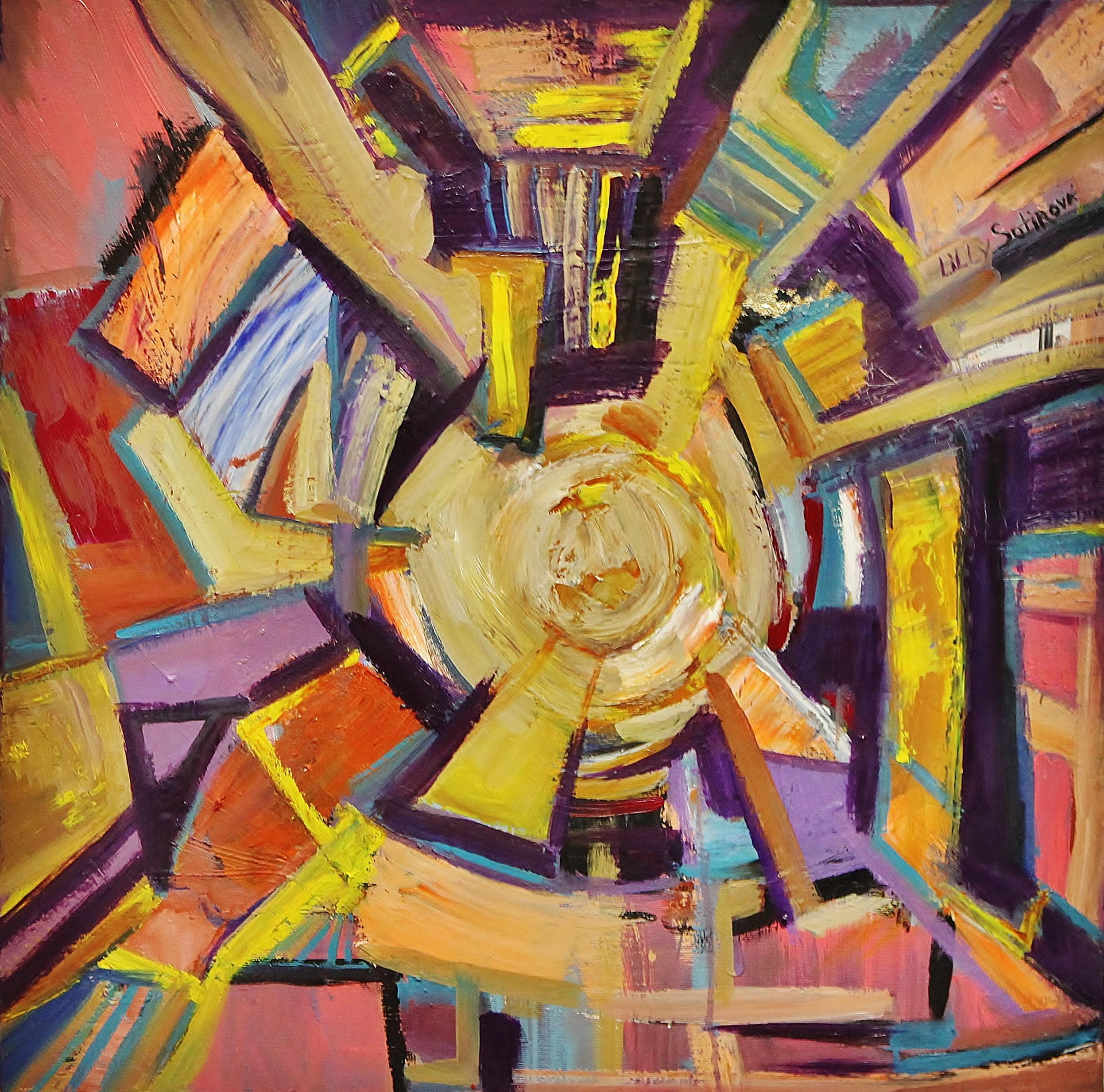 Lilly Sotirova Abstract Painting – Kugel - Abstraktes Ölgemälde Gelb, Orange, Blau, Braun, Beige, Weiß, Grau, Grün