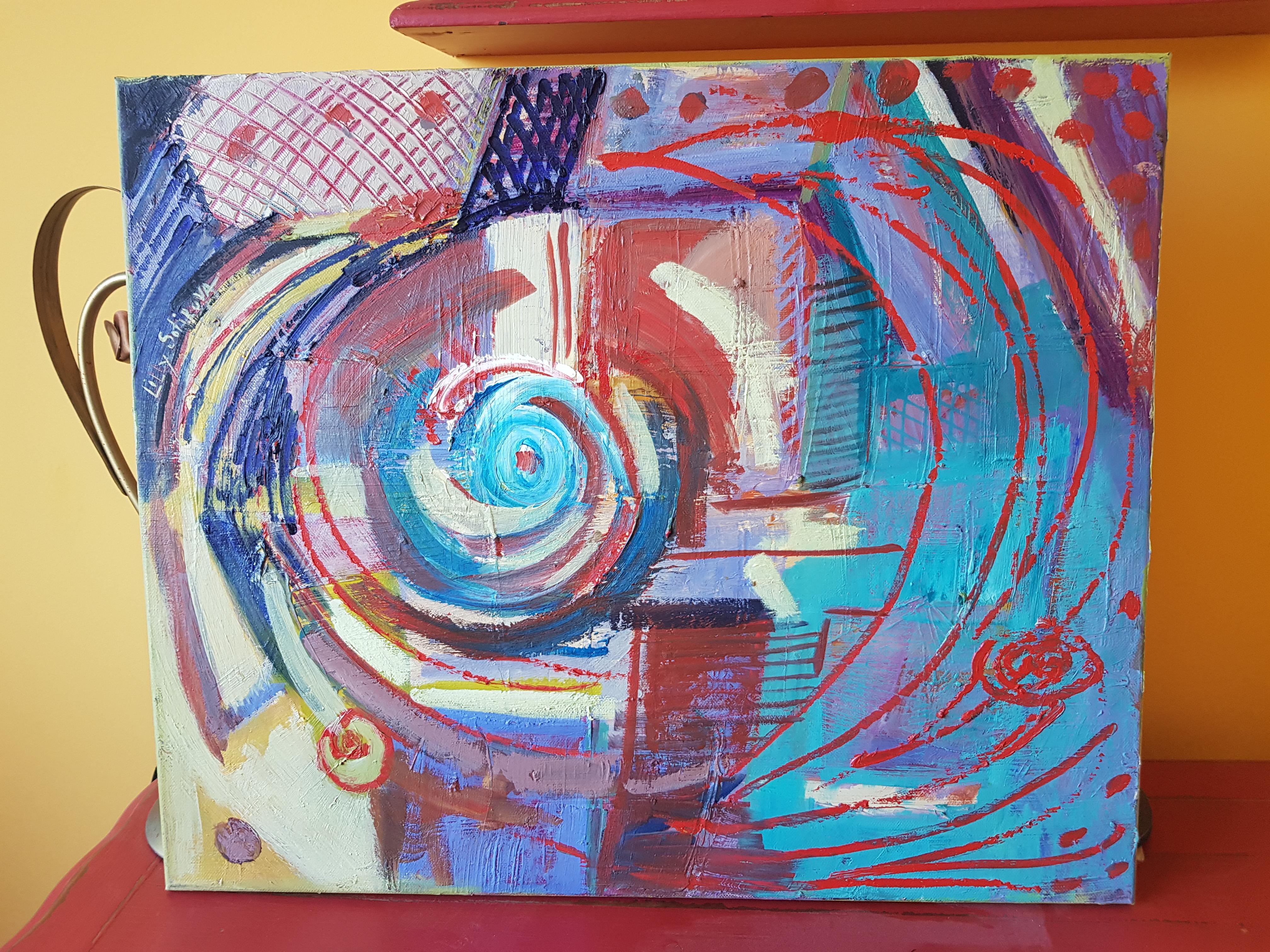 Armageddon - Pittura a olio astratta Rosso Giallo Lilla Blu Marrone Bianco - Painting di Lilly Sotirova