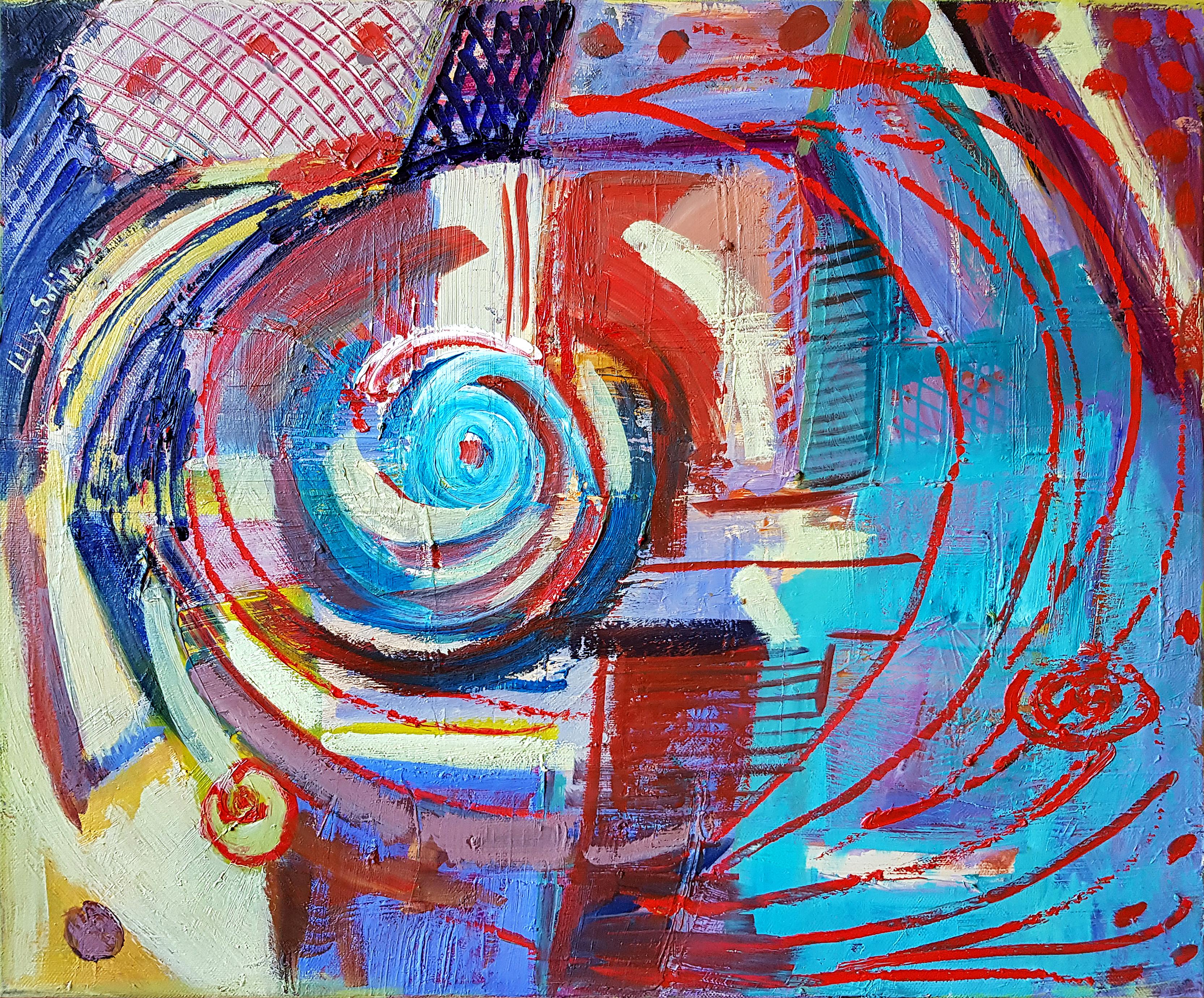 Lilly Sotirova Abstract Painting – Armageddon - Abstraktes Ölgemälde Rot Gelb Flieder Blau Braun Weiß