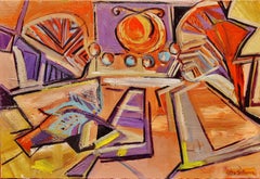 The Dialog - Abstract Oil Painting Yellow Orange Blue Brown Beige White Grey