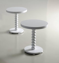 Lilu Round, Wooden Side Table with Turned Base, in White Matte Lacquer Finish