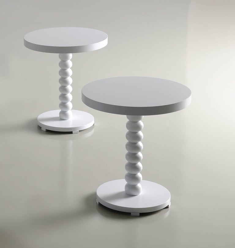 Lilu Round, Wooden Side Table with Turned Base, in White Matte Lacquer