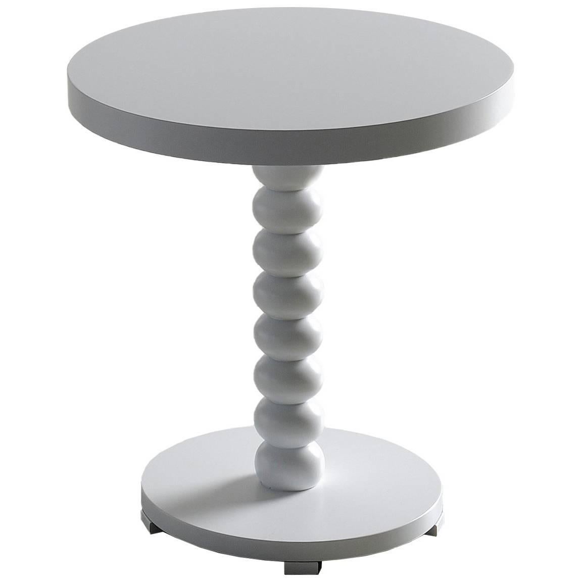 Lilu Round, Wooden Side Table with Turned Base, in White Matte Lacquer Finish For Sale