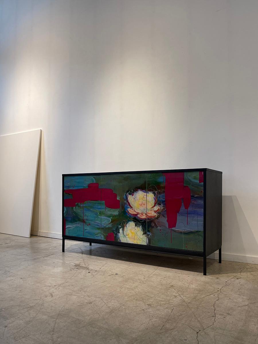 Modern Lily Abstract Cabinet by Morgan Clayhall, Mixed Media Artwork Customizable Doors For Sale