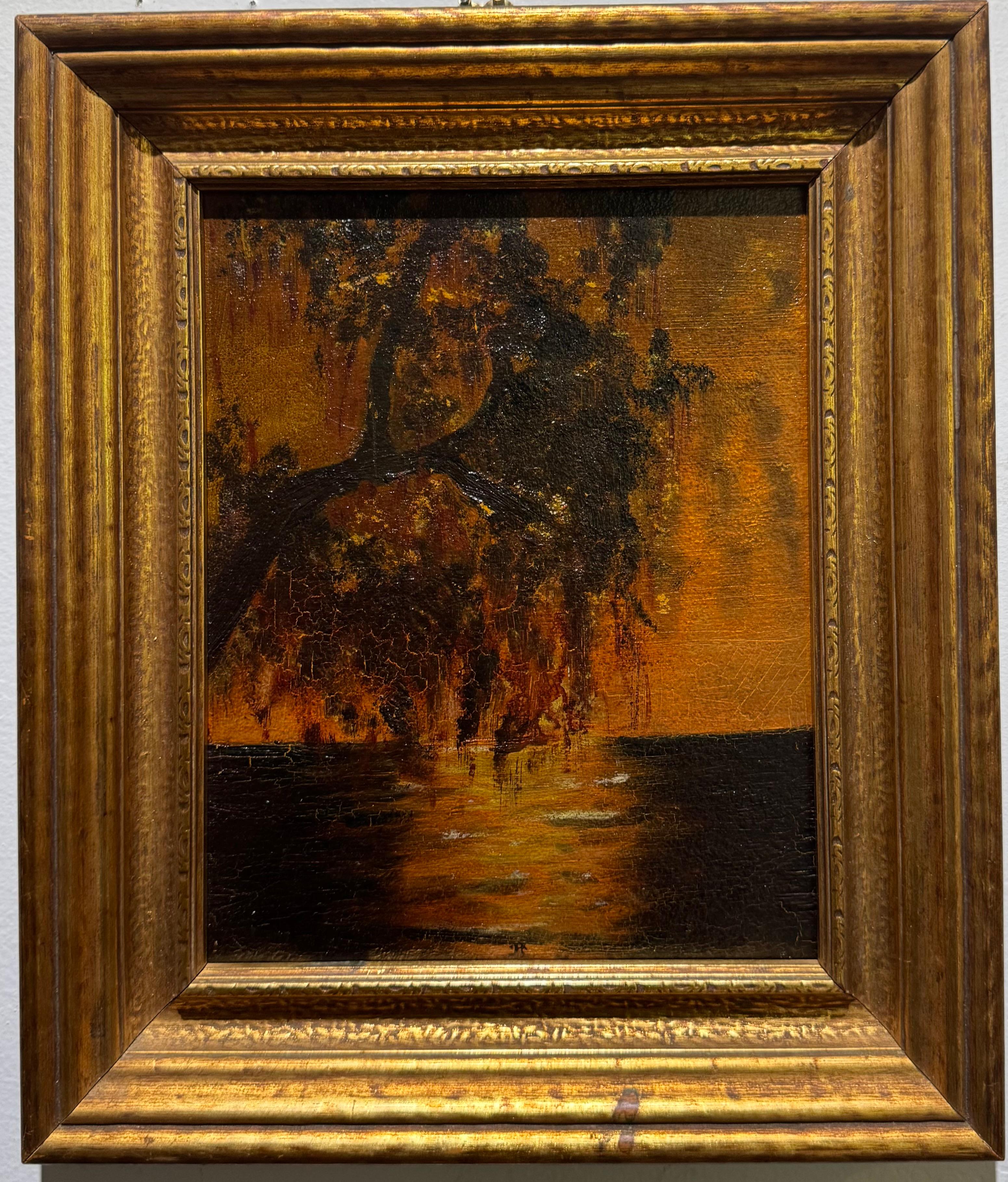 Ancienne peinture à l'huile American Sunrise TONALIST Southern GULF IN TEXAS - Painting de lily ayres