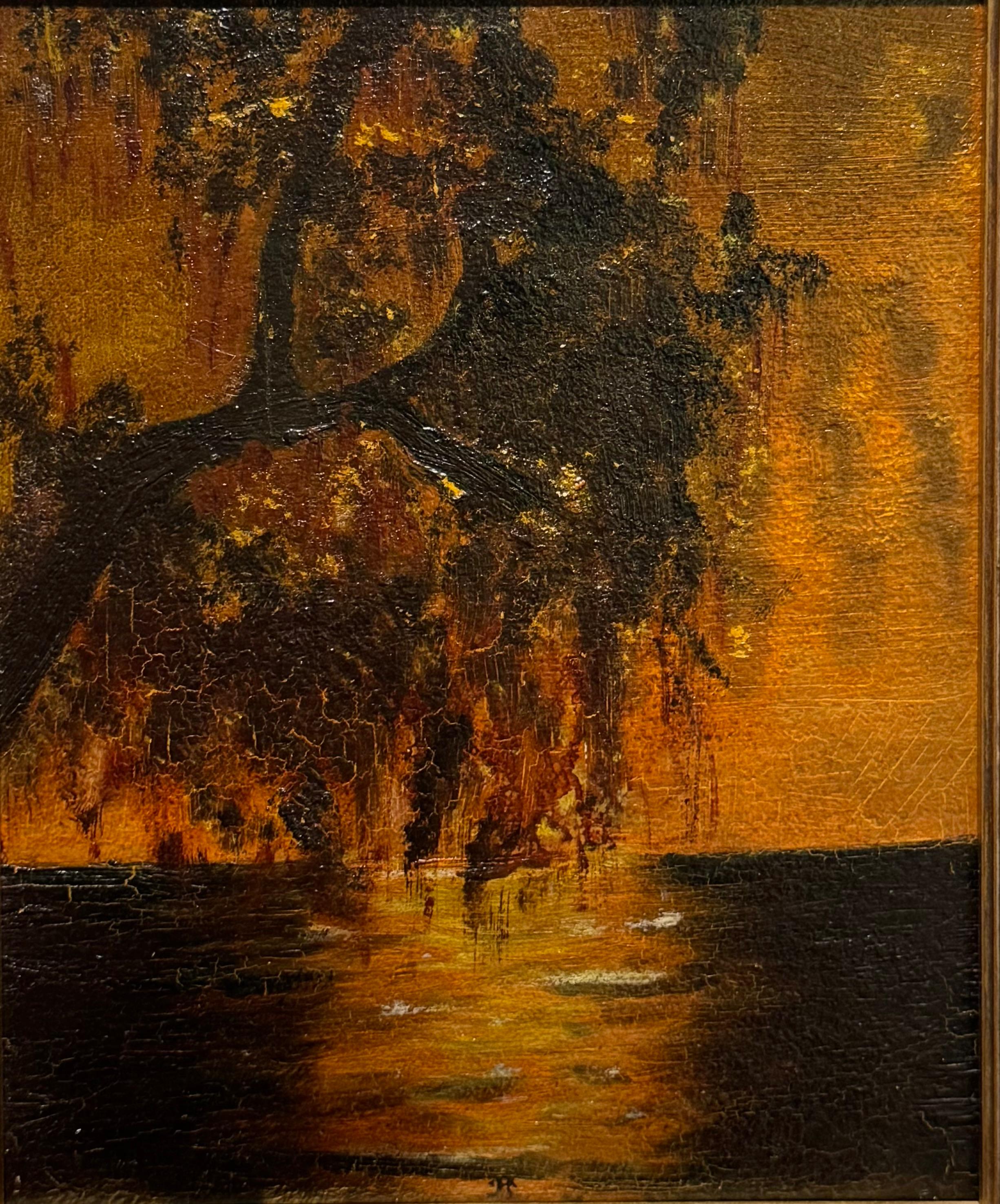 Ancienne peinture à l'huile American Sunrise TONALIST Southern GULF IN TEXAS - École de Barbizon Painting par lily ayres