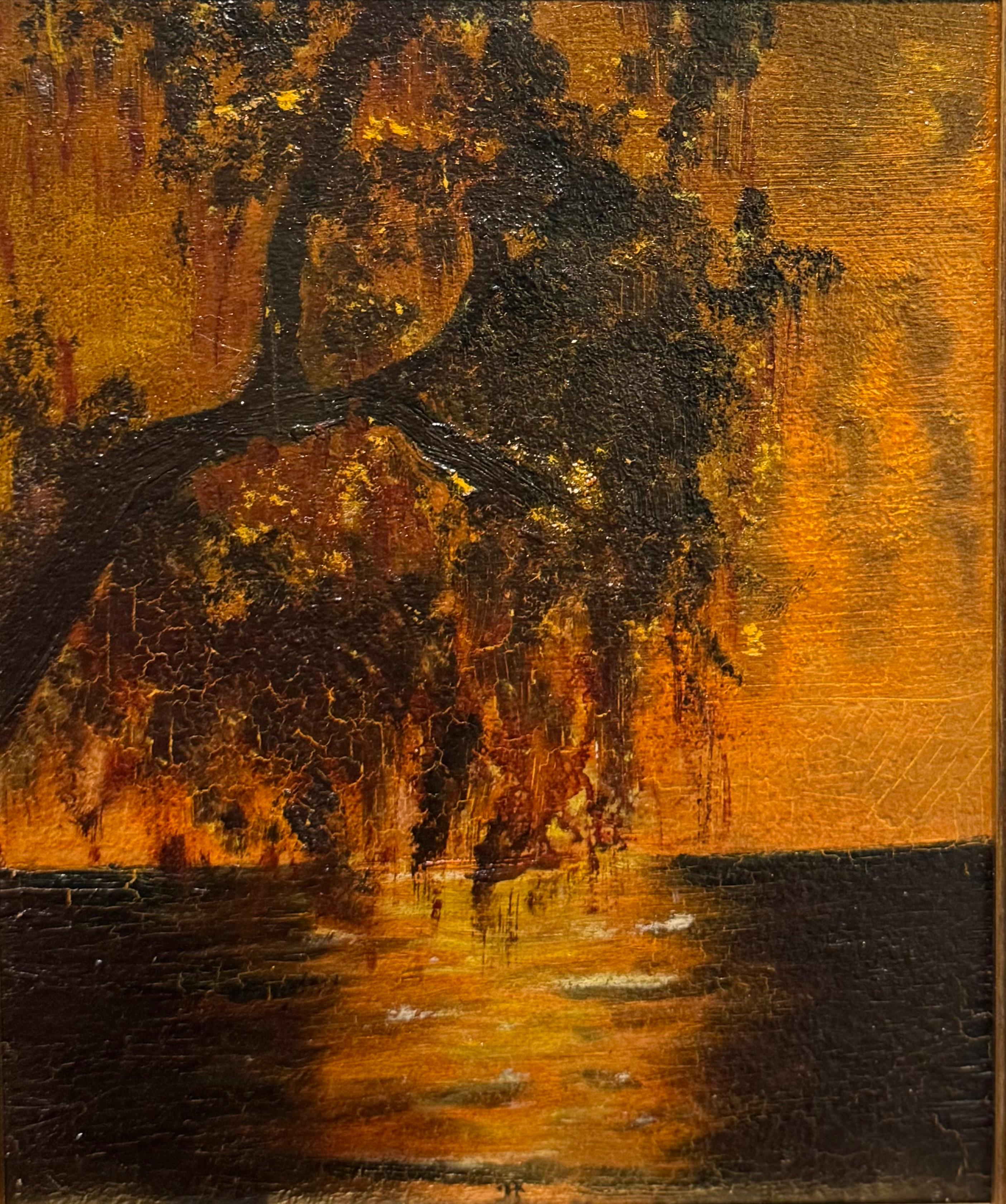Ancienne peinture à l'huile American Sunrise TONALIST Southern GULF IN TEXAS - Marron Landscape Painting par lily ayres