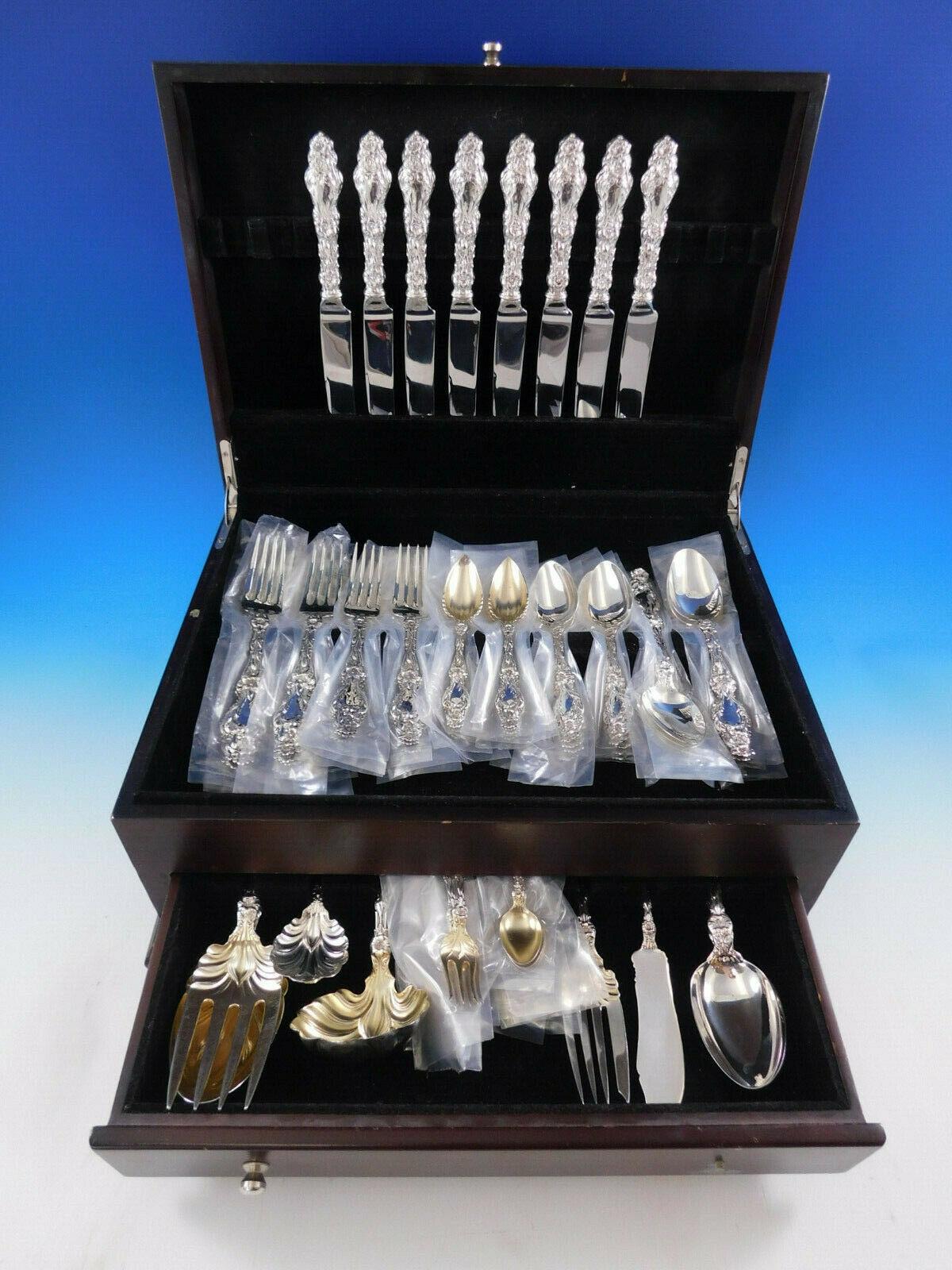 Superb dinner size Lily by Whiting sterling silver flatware set, 72 pieces. This set includes:

8 dinner knives, 9 1/2