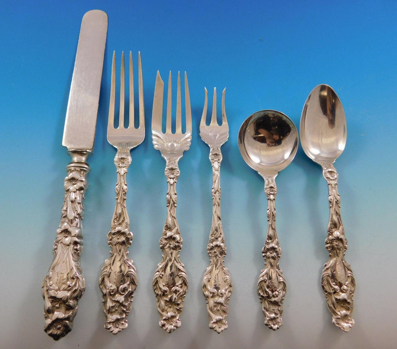 Lily by Whiting sterling silver flatware set, 70 pieces. This set includes:

12 knives, blunt blades, 9