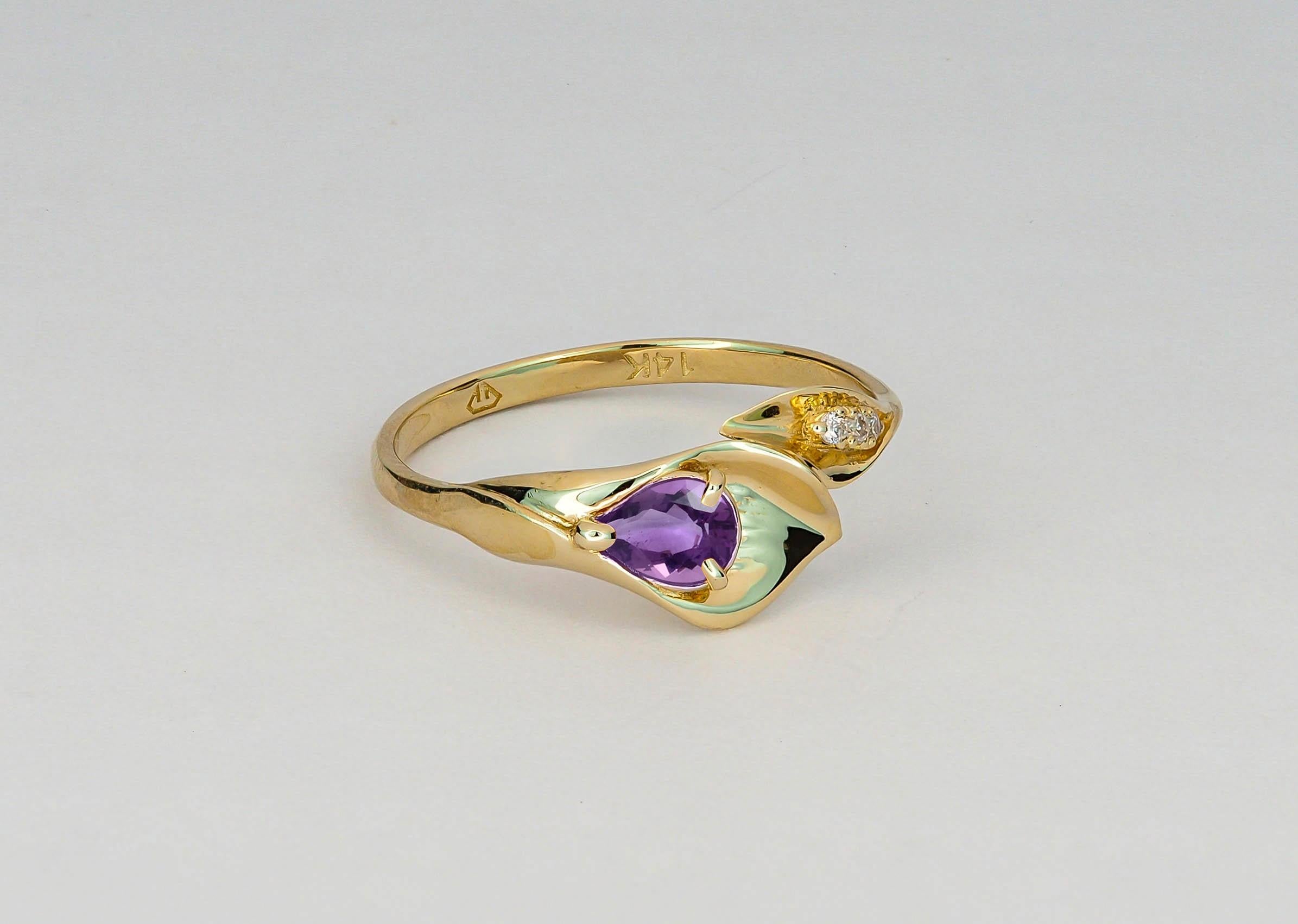 Lily calla gold ring. 14 kt  gold ring with amethyst and diamonds. Pear amethyst gold ring. Flower gold ring.
Genuine amethyst ring. Purple amethyst ring. Amethyst vintage ring. Delicate amethyst ring. 
Amethyst ring for woman. Natural amethyst