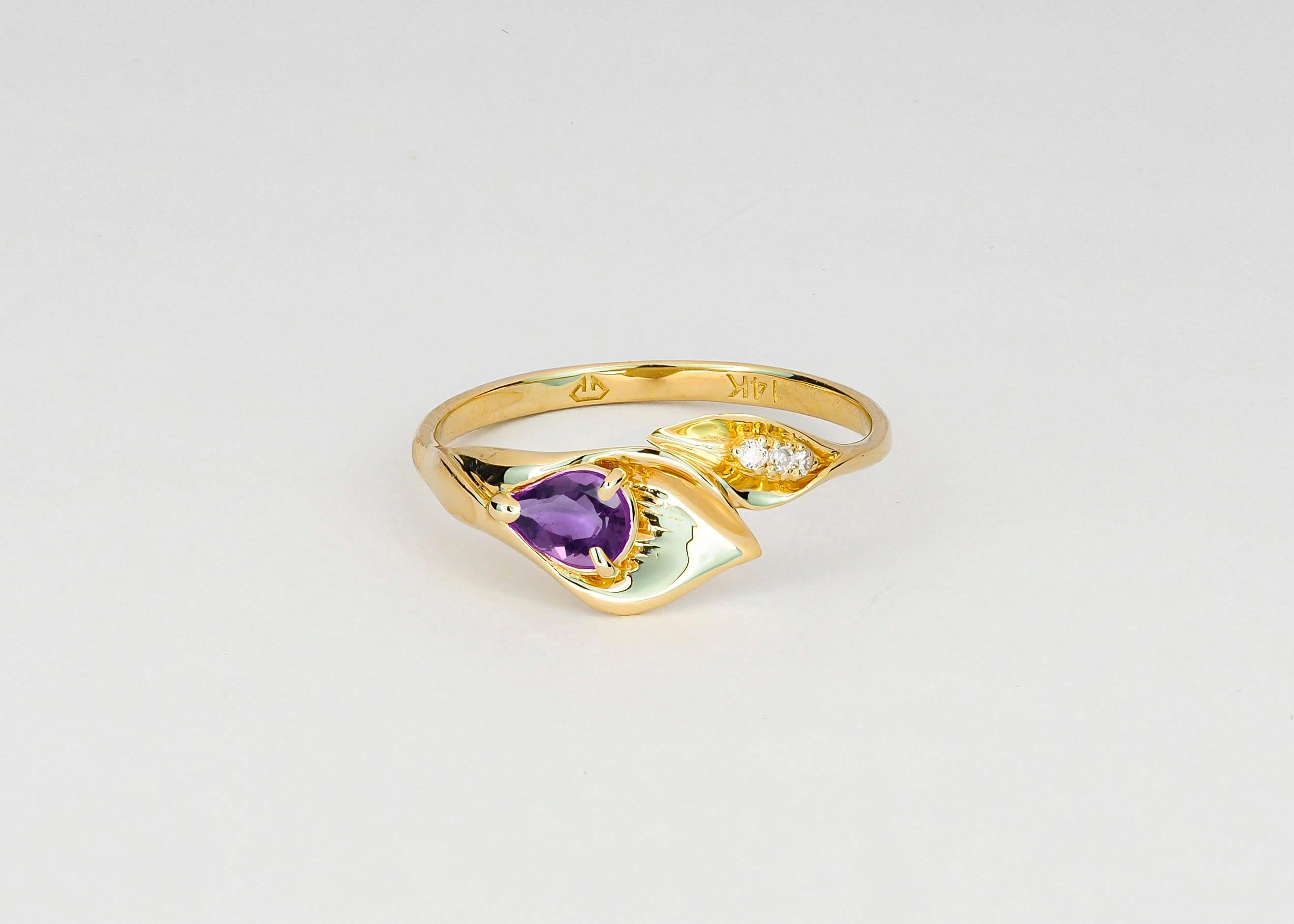 Modern Lily Calla Gold Ring, 14 Karat Gold Ring with Amethyst and Diamonds